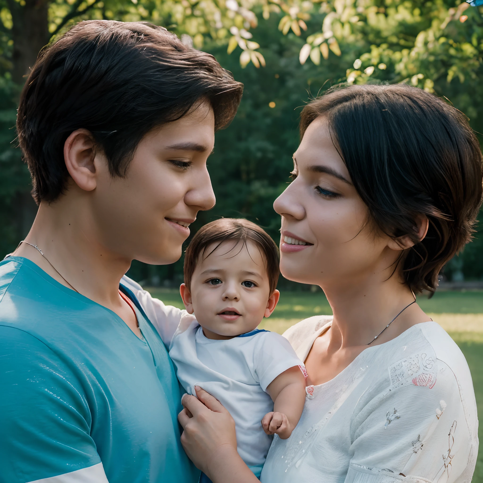 Please create a colorful, high-resolution image that represents a happy, united family. The scene should be outdoors, preferably in a park with trees and a blue sky. The family must consist of (two adults (1 man, 1 woman:1.8)) and ((2 children)), all smiling and looking at the camera. They should be close to each other, perhaps with the adults behind the children, to symbolize protection and togetherness. Use soft lighting to add a warm, welcoming touch to the image. photo ultra realistic, Nikon, f/16, 135mm, cinematic lighting, UHD, masterpiece, textured skin, ((high face detailed)), high details, high quality, best quality, highres, 16k