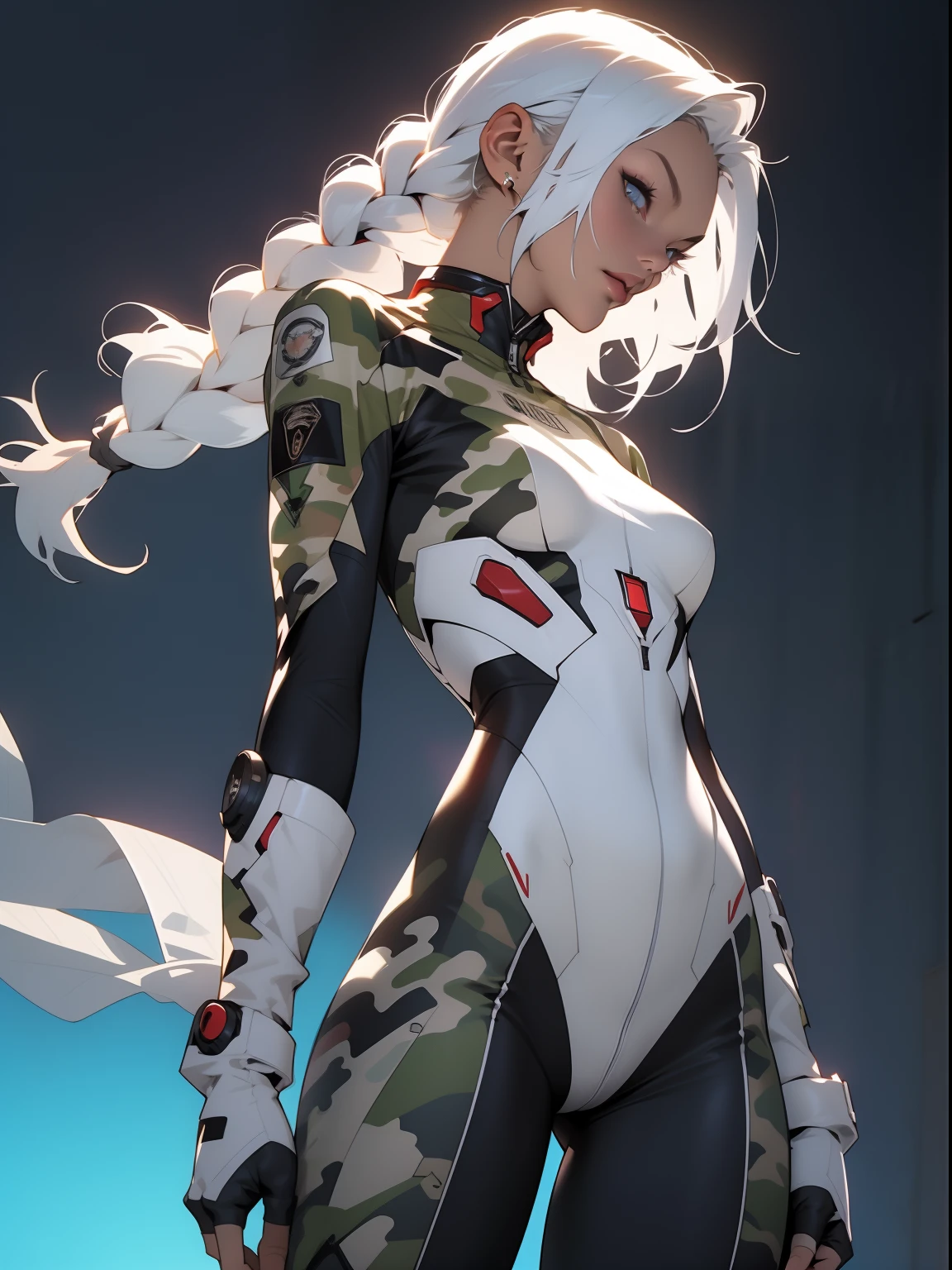 ((Best quality)), ((masterpiece)), (detailed: 1.4), (Absurd), War-ready female fighter pilot with military helmet, Marine, dark skin, defined muscular sculptural body, full body, bare half-thick thighs, closed mouth, muscular body covered in technological clothing, cyberpunk, semi naked, generous neckline, ((perfect medium breasts)), (super light blue eyes without pupils), (((military camouflage clothing)), (((white hair with braid)))), long eyelashes heavy makeup, garter belt, by mucha, niji --V5, close to real, psychopathic, crazy face, sexy pose, background with a giant head of Neon style robot Genesis evangelion, 2 piece clothing, shoulder pads with airplane wings, pastel, centered, scale to fit the dimensions, HDR (High Dynamic Range),Ray Tracing, NVIDIA RTX,Super-Resolution,Unreal 5,Subsurface Dispersion, PBR Texture, Post-processing, Anisotropic filtering, Depth of field, Maximum clarity and sharpness, Multilayer textures, Albedo and specular maps, Surface shading, Accurate simulation of light-material interaction, Perfect proportions, Octane Render, Two-tone lighting, Wide aperture, Low ISO, White balance, Rule of thirds, 8K RAW, crysisnanosuit