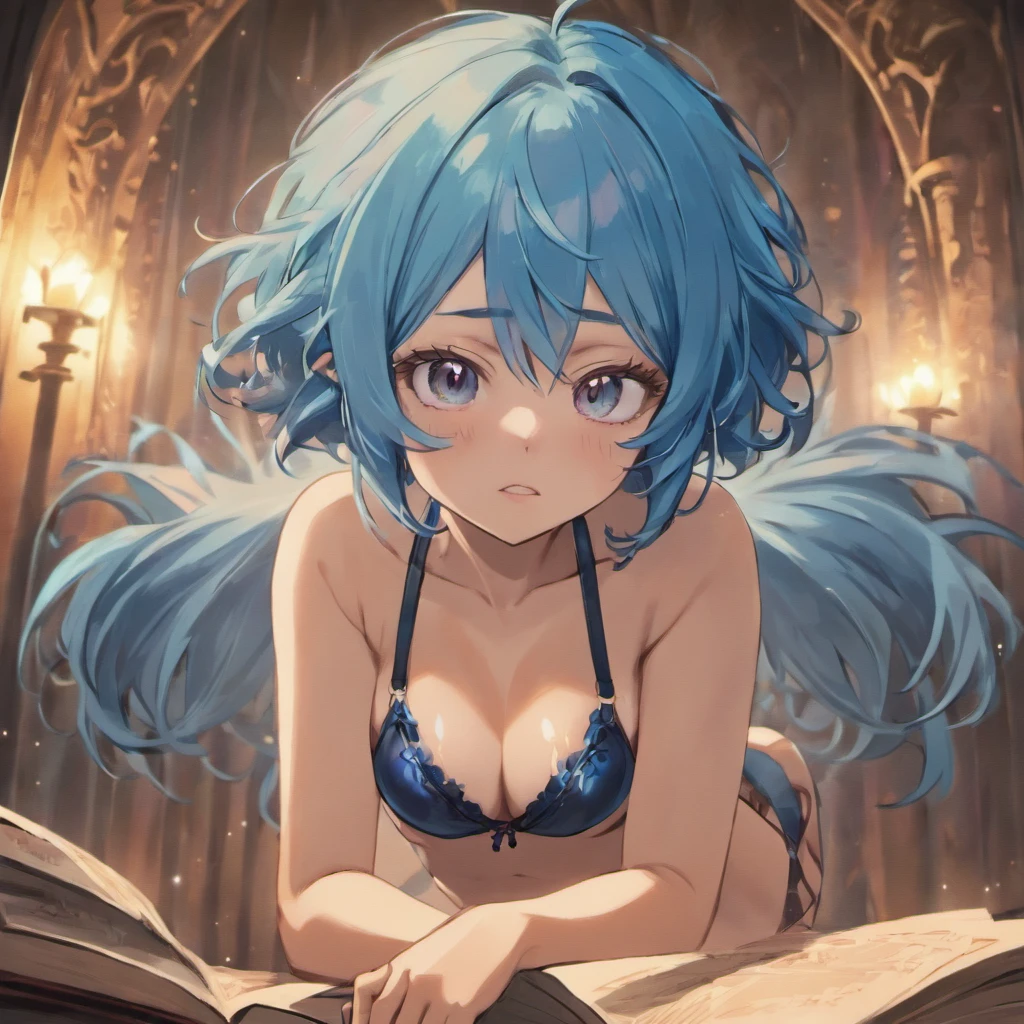 ((Best quality)), ((Masterpiece)), ((Realistic)) and hyper-detailed photography of a book girl with a goth . She has ((Blue hair)), in a bikini，Exudes breath ((Beautiful and aesthetic)), Sexy, underboobs, Hot，frontage，short detailed hair
