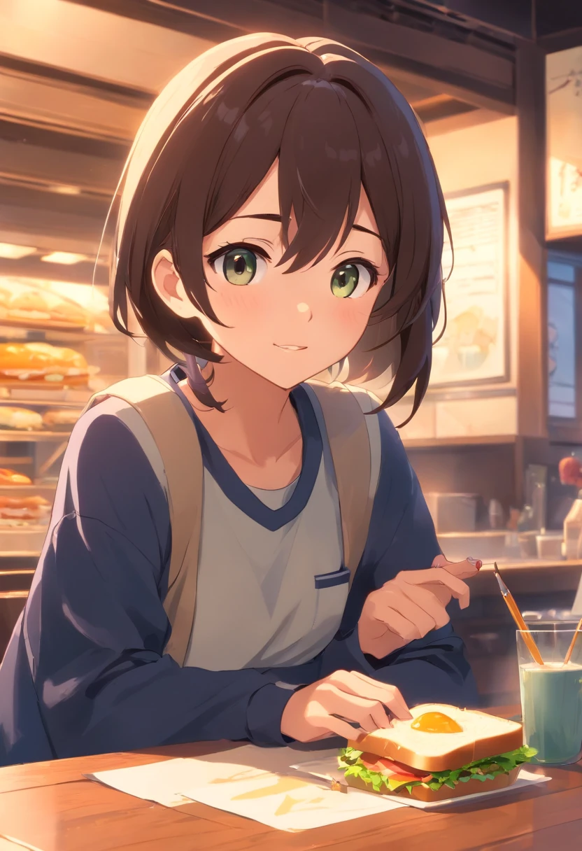 masterpiece、top-quality、Movie stills、1girl in、I have my mouth wide open、Eating a sandwich with one hand、One hand holds a pen、inside in room、a closeup、Happiness、Warm and soft lighting、zori、(Spark:0.7)