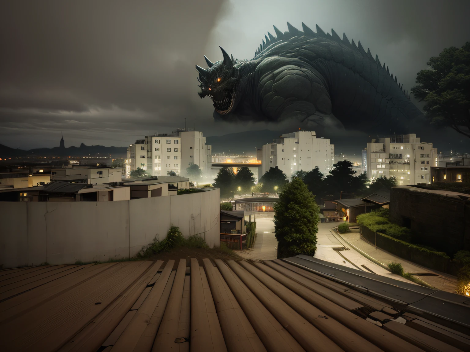 ((Gigantic monster)), kaiju, cyberpunk style ((city)), ((dense mist)) and elements of rust and decay to create an oppressive atmosphere, Use distorted camera angles and unusual framing to convey the sense of disorientation and terror characteristic of the Silent Hill universe, Detailed, Extremely Detailed, Ambient Soft Lighting, 4K,Blurry, Blurry Background, Depth of Field, Bokeh, DOF, Fog, Bloom Outdoors, (Nature, fantasy forest:1.2), (Rocks:1.2), dark, rainy, dull, pale, faded, disgusting, ugly (fog=,