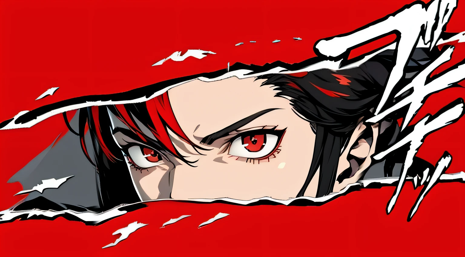 masterpiece, best quality, simple background, finely detailed, 1boy, black hair, red eyes, grey jacket, red t-shirt, Face focus, Persona 5 Art Style, {red streaked hair, messy hair, zarya haircut}