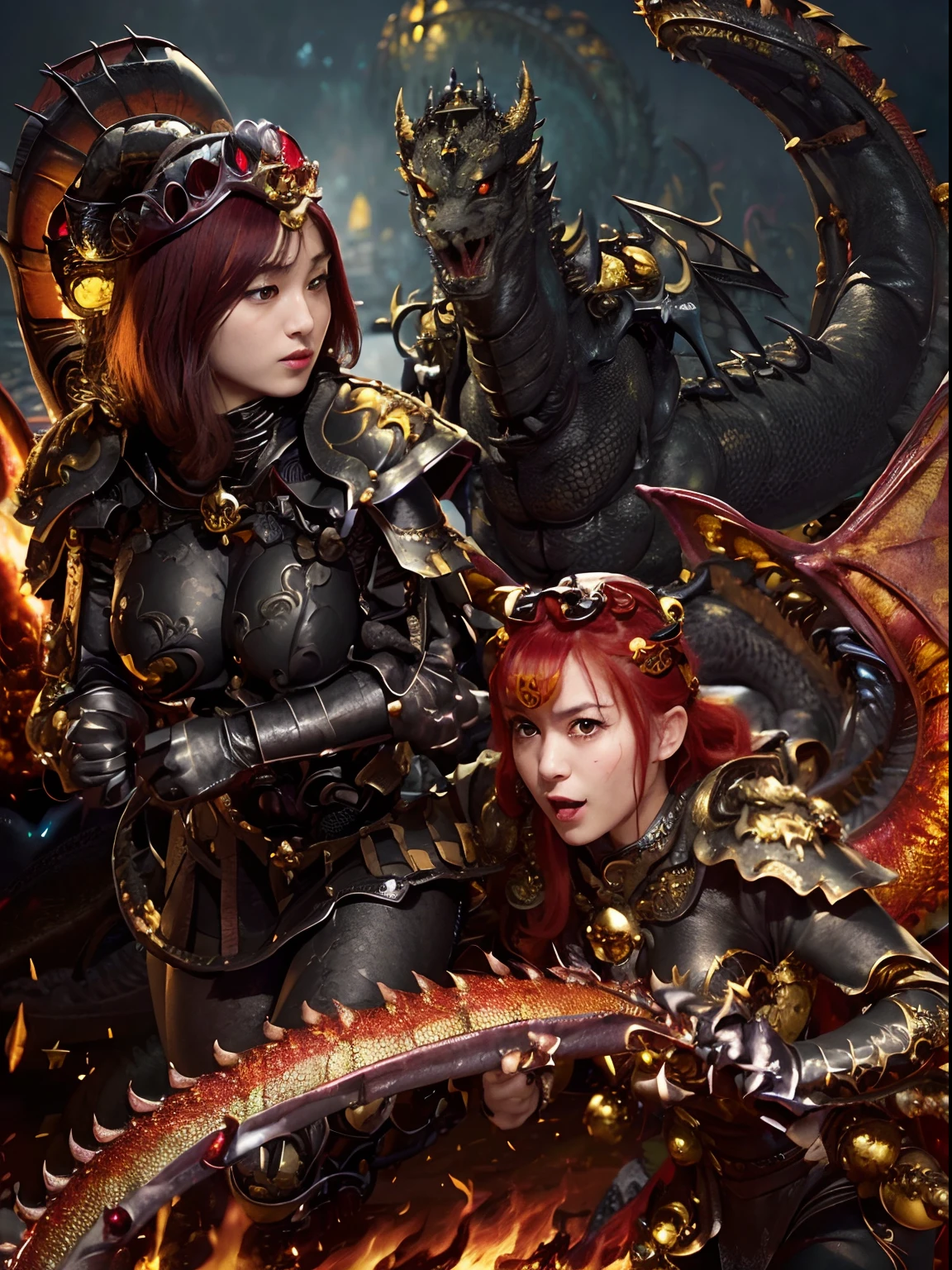 (masutepiece), Professional , masterpiece、top-quality、photos realistic , depth of fields (Gemstone Black Metal Body:1.9),(Matte Black、(cleavage of the breast)、Dragon Gold Weapon(Dragon Metal Body:1.4),Gorgeous Silver Weapons ,(( Dragon's dense and gorgeous sword)) , Beautiful knife ,warhammer 40k , adepta sororitas,Detail and gorgeous crown、((Red hair))、(Castle background)、The dragon、((Gangle's forest background))、Beautiful Caucasian beauty、(1a person)、dynamic ungle,(((Detailed and ornate Black Devil Crown)))、Smaller head、Strange smile、Castle background、Thin and beautiful female hands、cleavage of the breast、Soldier in iron armor on background、Mystical expression、Light Effects、intense fighting、Wind-effect、magic circles、With the legendary magic wand、(demonic wings)、