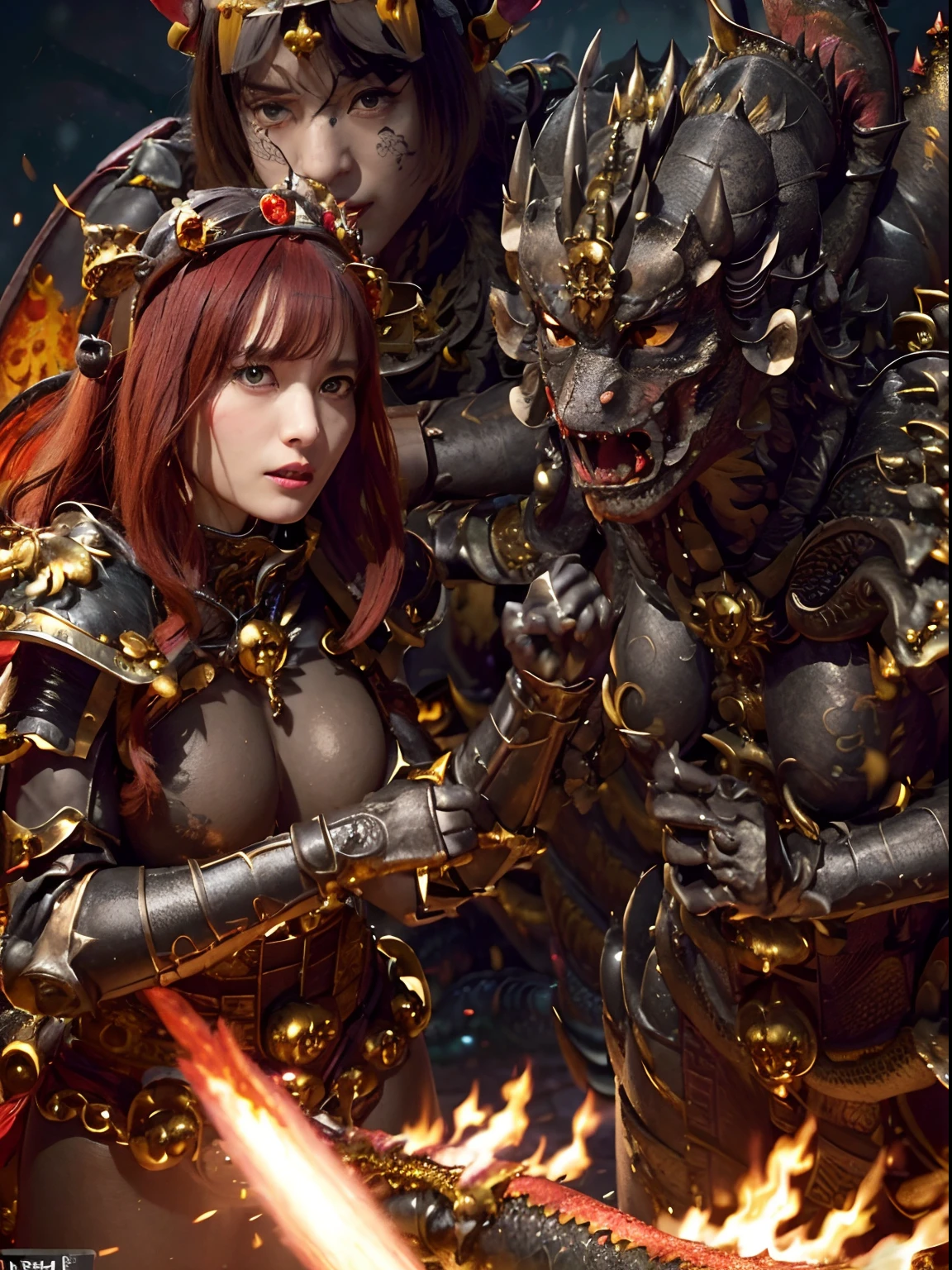 (The Ultimate Beauty Face), Professional , masterpiece、top-quality、photos realistic , depth of fields (Gemstone Black Metal Body:1.4),(Matte Black、(cleavage of the breast)、Dragon Gold Weapon,Mystical expression、Particles of light、((((Fight dragons)))、(Dragon Metal Body:1.4),Gorgeous Silver Weapons ,(( Dragon's dense and gorgeous sword)) , Beautiful knife ,warhammer 40k , adepta sororitas,Detail and gorgeous crown、((Red hair))、(Castle background)、、((Gangle's forest background))、Beautiful Caucasian beauty、1a person、dynamic ungle,(((Detailed and ornate Black Devil Crown)))、Smaller head、A smile、Castle background、Thin and beautiful female hands、cleavage of the breast、Soldier in iron armor on background、Mystical expression、Light Effects、intense fighting、Wind-effect、magic circles、With the legendary magic wand、(demonic wings)、