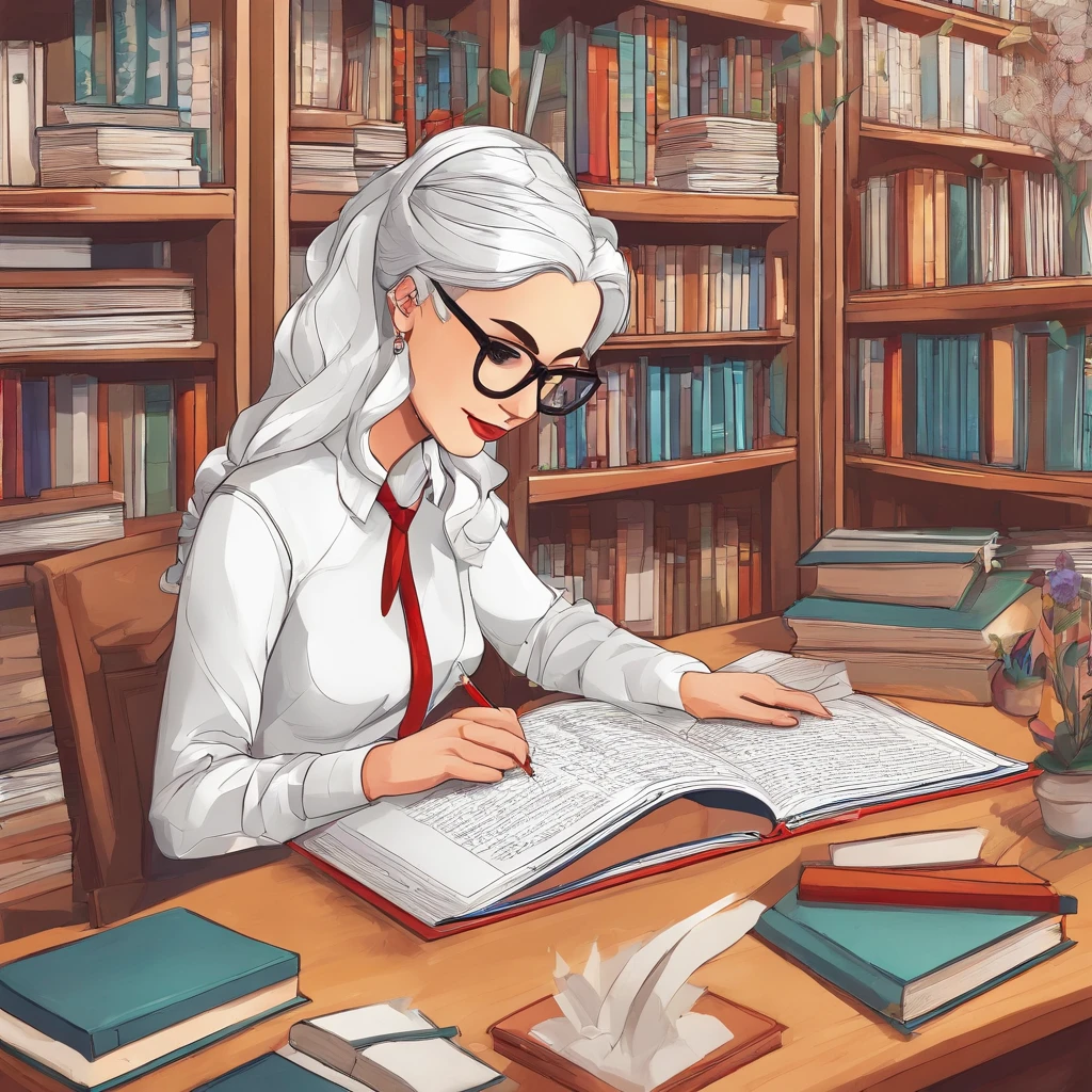 Quality first,masterpiece in detail,A teacher,sportrait,closeup cleavage,Wearing glasses,White hair,Several students wrote,looking at book,in class room,fresh flowers,Rich in color