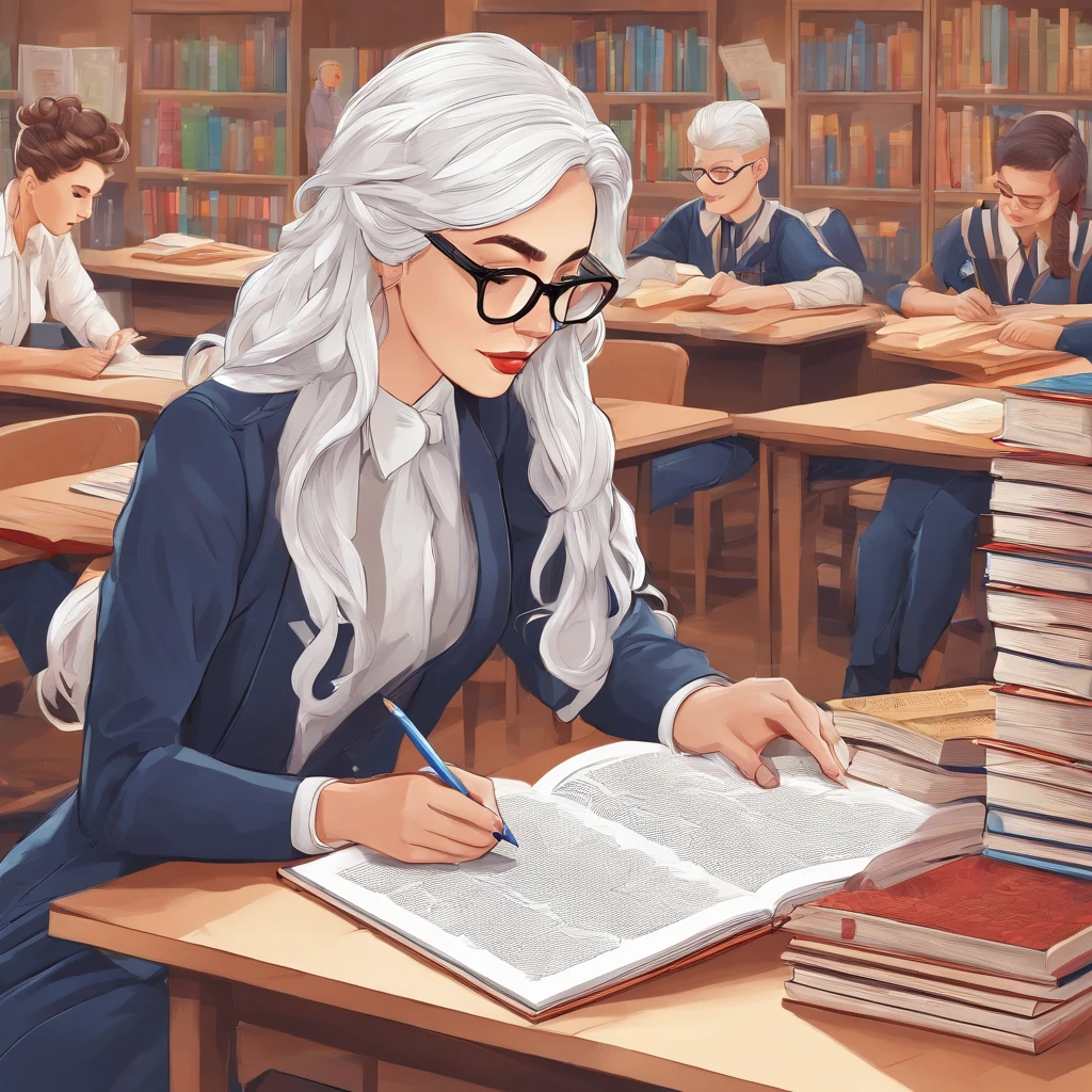Quality first,masterpiece in detail,A teacher,sportrait,closeup cleavage,Wearing glasses,White hair,Several students wrote,looking at book,in class room,fresh flowers,Rich in color