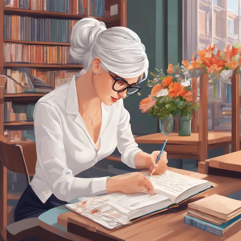 Quality first,masterpiece in detail,A teacher,sportrait,closeup cleavage,Wearing glasses,White hair,Several students wrote,looking at book,in class room,fresh flowers,Rich in color