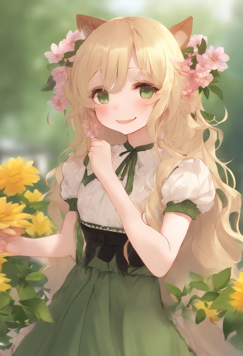 1girl, :d, animal ear fluff, animal ears, bangs, black hairband, blonde hair, blurry, blurry background, depth of field, dress, flower, flower pot, frilled dress, frills, green dress, green eyes, hairband, holding, long hair, open mouth, pink flower, plant, potted plant, sketch, sleeveless, sleeveless dress, smile, solo, tail, wrist cuffs, yellow flower, 1980s (style)
