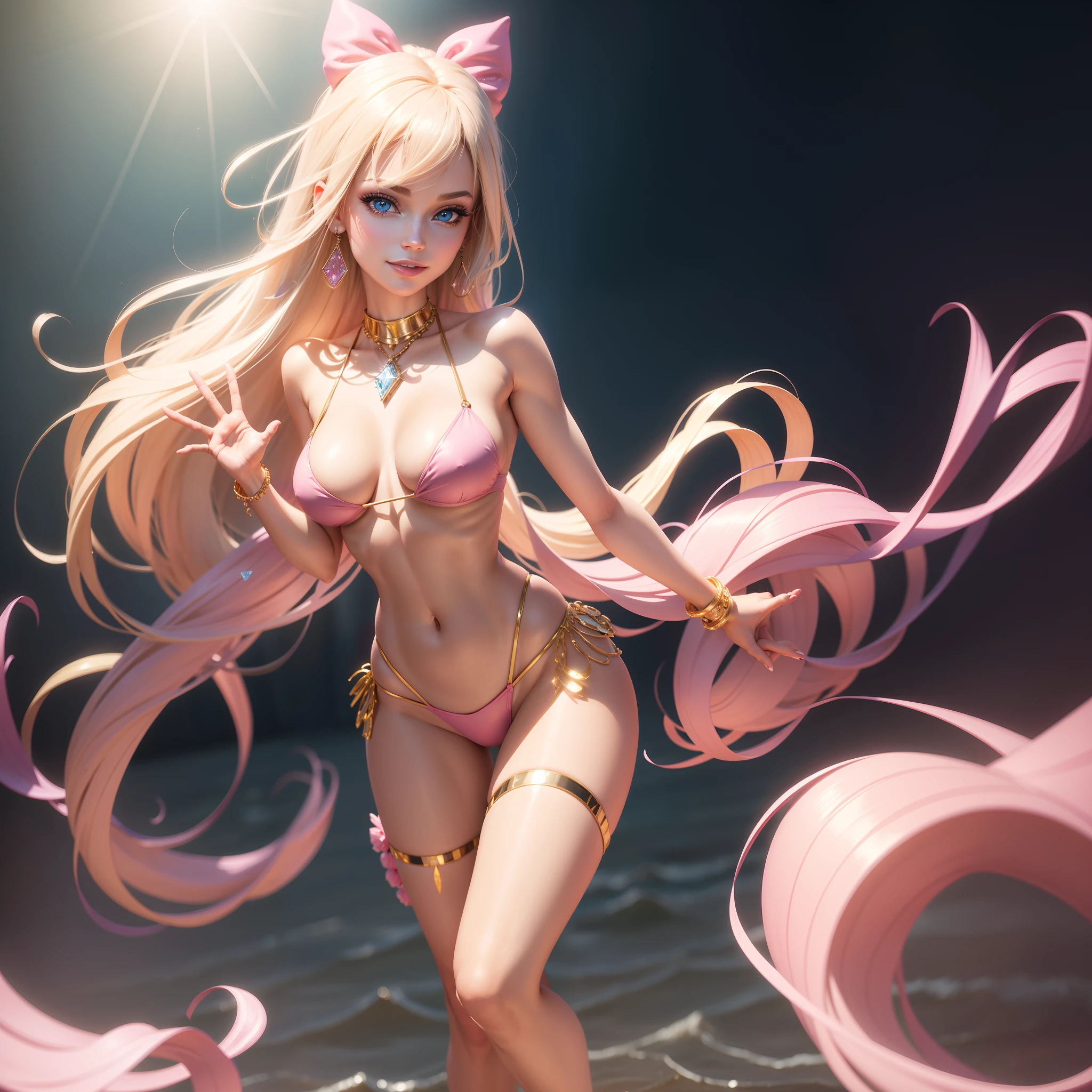 Barbie, ((Full body)), Blue eyes, Smiling face, Hair loss swaying in the wind, Hip Hop Singer Pose, Dressed in hip-hop style, Wearing a gold bikini that reflects light,swarovski,pasties,With a pink bow on the arm, Fashion, Extremely high quality, high details, 8K, clean back ground, in studio, ((Full body shot)),Align your fingers neatly,Accurate Hand Modeling,wave her hand,