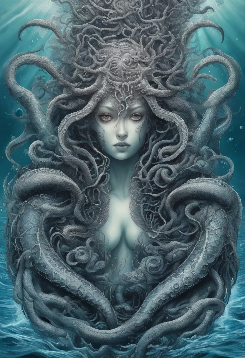 The abyss of the ocean, lovecraftian inspiration, Lovecraftian fear of depths, Lovecraftian atmosphere, lovecraftian, tentacles, eyes looking from the abyss