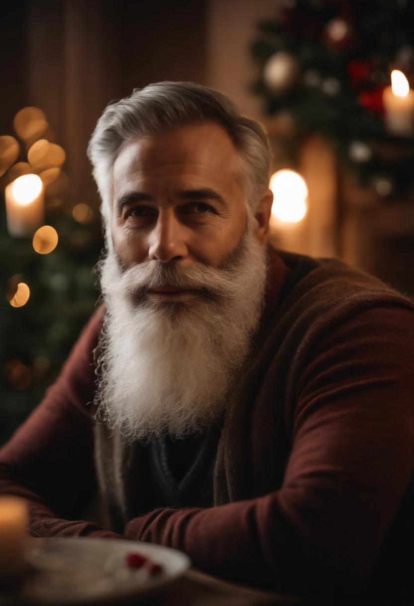 Retrato de um pai com barba comprida branca,senta a uma mesa de natal