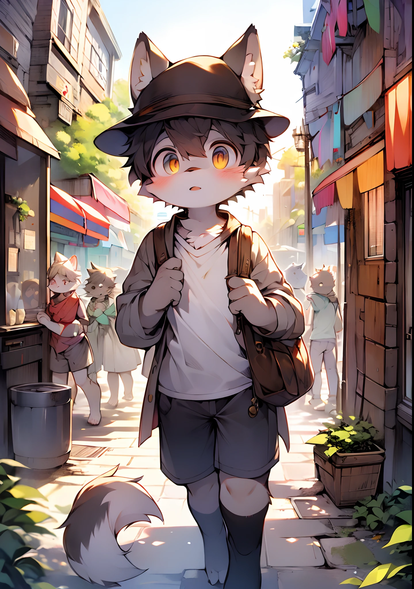 The streets of London at the beginning of the twentieth century，Cute little wolf，Libido boy，Slim figure，pale gray fur，Bright morning sun，Brown newsboy hat，white short blouse，brown shorts，Sell moe，Bright and smart eyes（A masterpiece）（high qulity）（Clear structure）（Clear lines）（Background of extreme detail）（extremelydetailedcharacter）