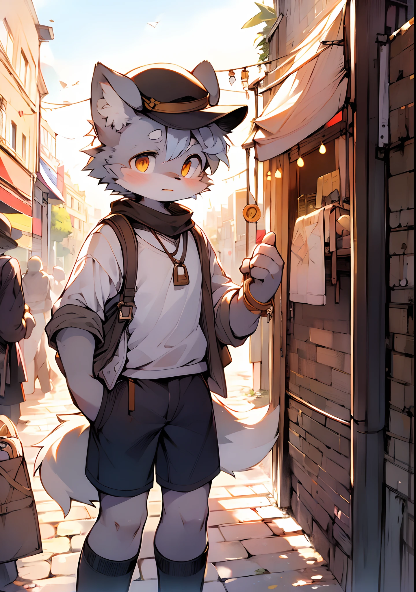 The streets of London at the beginning of the twentieth century，Cute little wolf，Libido boy，Slim figure，pale gray fur，Bright morning sun，Brown newsboy hat，white short blouse，brown shorts，Sell moe，Bright and smart eyes（A masterpiece）（high qulity）（Clear structure）（Clear lines）（Background of extreme detail）（extremelydetailedcharacter）