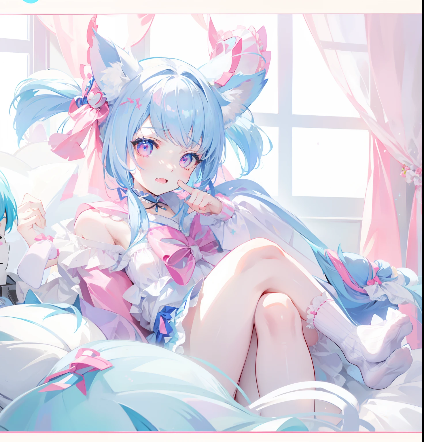 lightblue hair，Cat ears，Pink eyes，Light blue Lolita，White  socks，pink bows，inside in room，sitting in the couch，liveroom