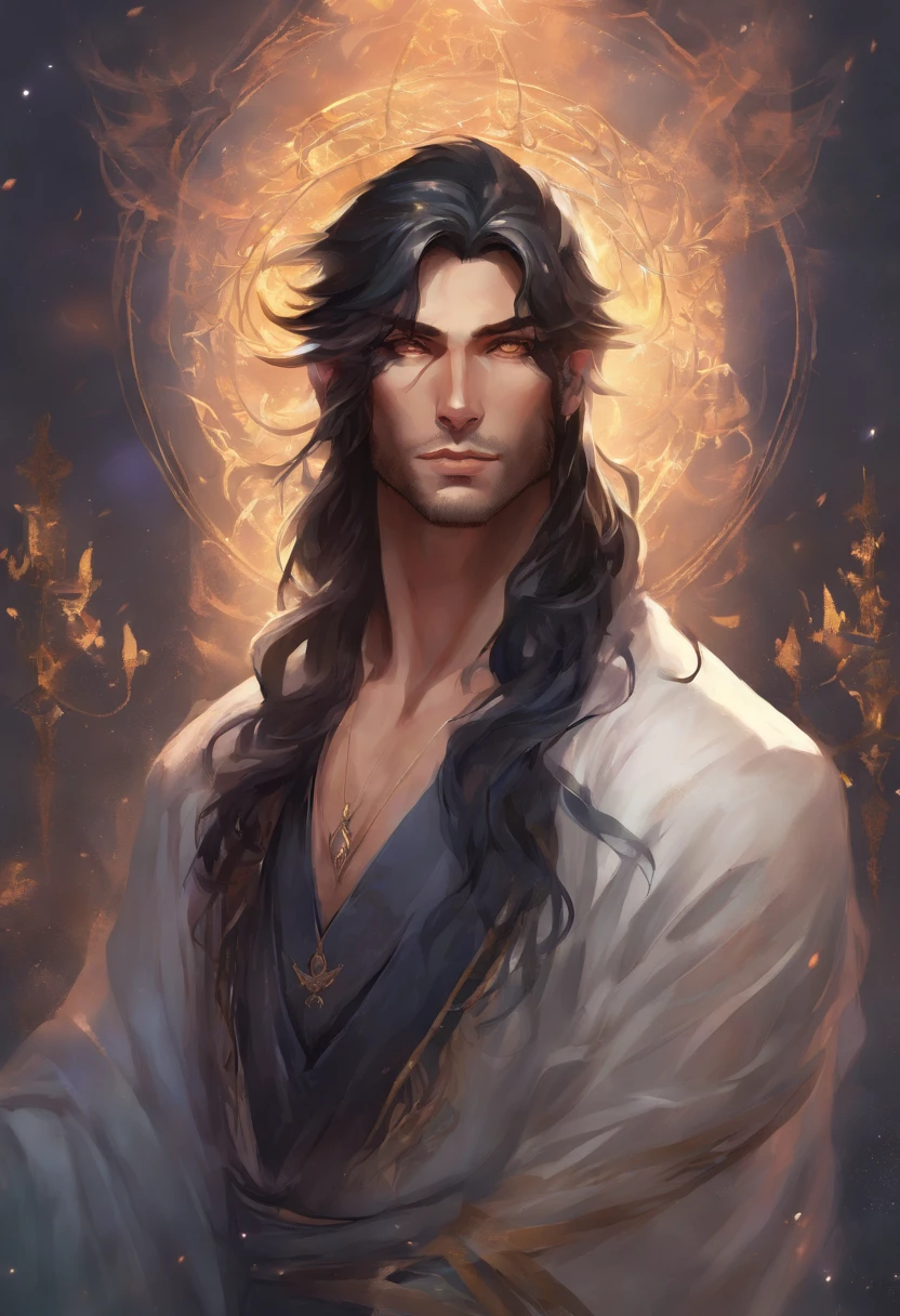 anime man with long dark hair and light-colored eyes. He’s a cult leader with tattoos and covered in bandages with a foggy dark background.