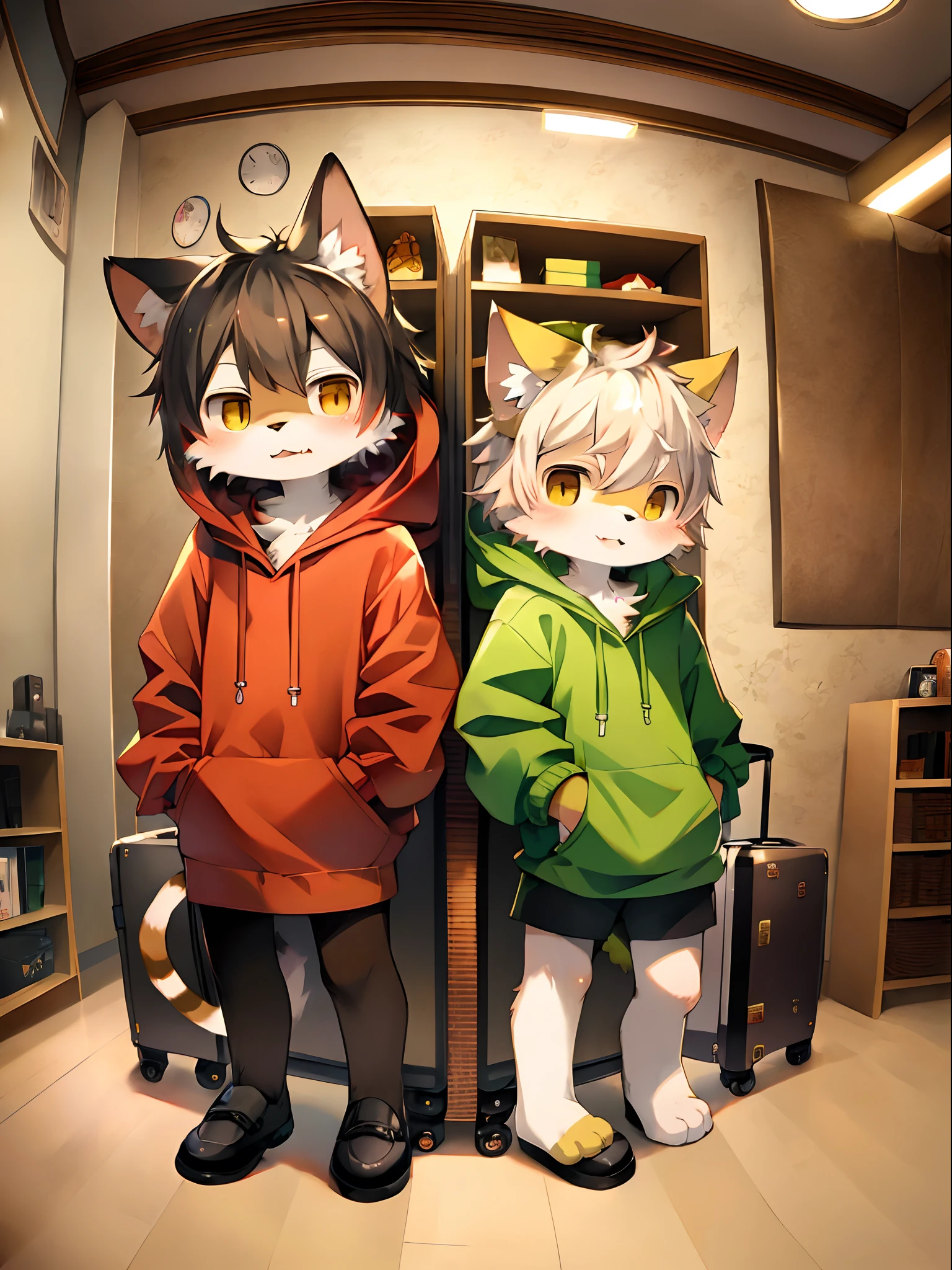 Style picture of a cat with hoodie and suitcase, trending on artstation pixiv, fursona wearing stylish clothes, Kawasi, anime visual of a cute cat, Anime art wallpaper 8 K, Furry anime, 4K anime wallpaper, By Yuumei, anime cat, style of anime4 K, High Quality Anime Art Style, Furry character