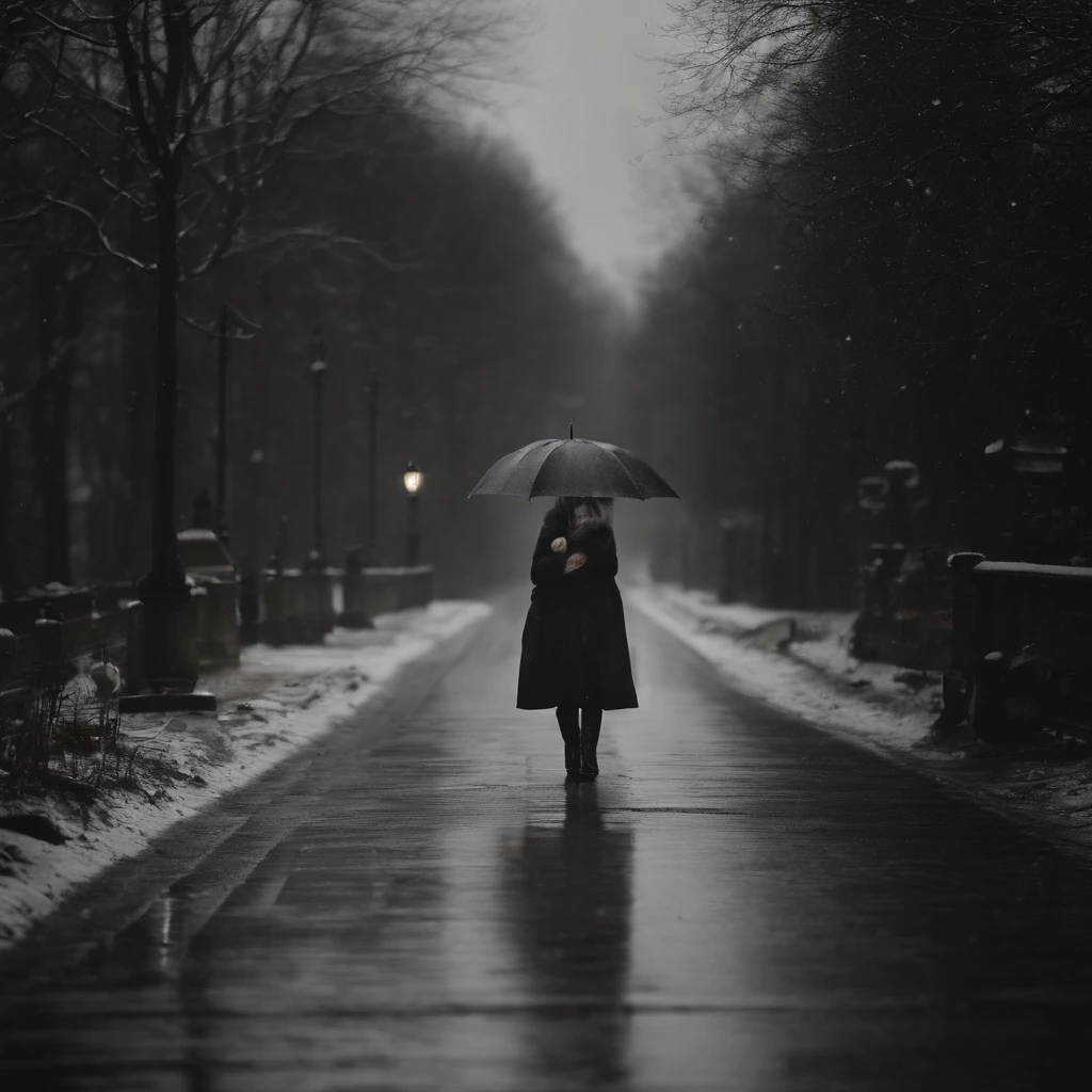 Winters,the night,nevando,Snow on the ground,pedestrian walkway,Holding an umbrella,White umbrella,Long white dress,shot from a far distance, --auto