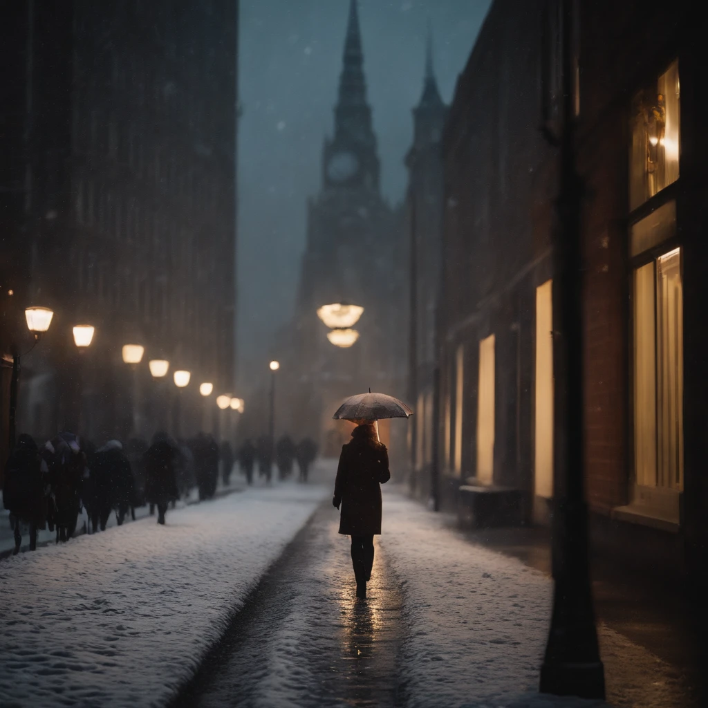 Winters,the night,nevando,Snow on the ground,pedestrian walkway,Holding an umbrella,White umbrella,Long white dress,shot from a far distance, --auto