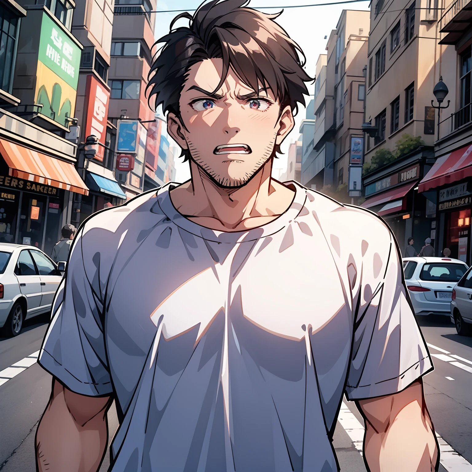 A middle-aged uncle,Black hair and baldness,dressed in a white t-shirt,Standing on the side of the road in town with an angry expression(Open mouth 1.5)(Rage 1.5)(The background is on the roadside of town:1.5),Anime style 4K,Anime rendering,style of anime,8K fineness,(Upper body display:1.5)(Cinematic lighting:1.5)Vicissitudes of middle-aged man 1.5(Wrinkle 1.5)(Slag 1.5)