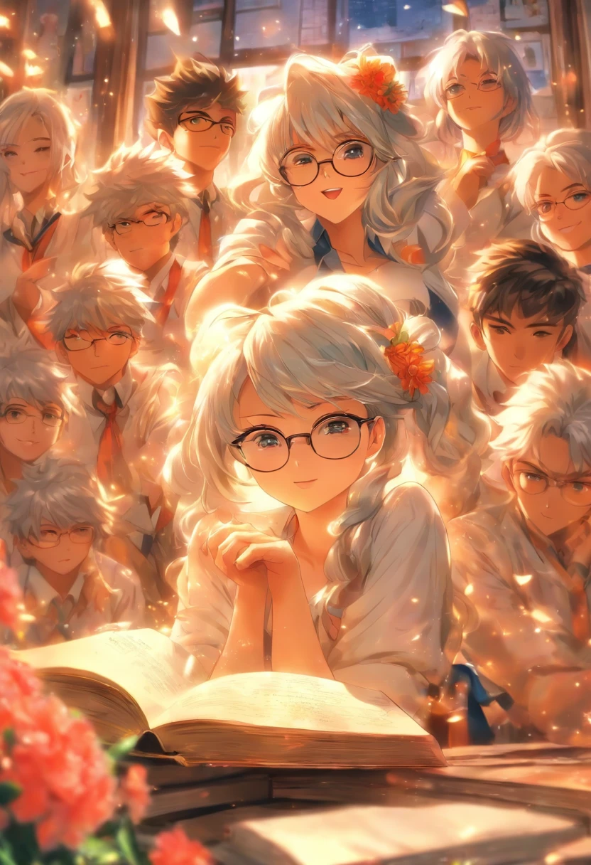 Quality first,masterpiece in detail,A teacher,sportrait,closeup cleavage,Wearing glasses,White hair,Several students wrote,looking at book,in class room,fresh flowers,Rich in color