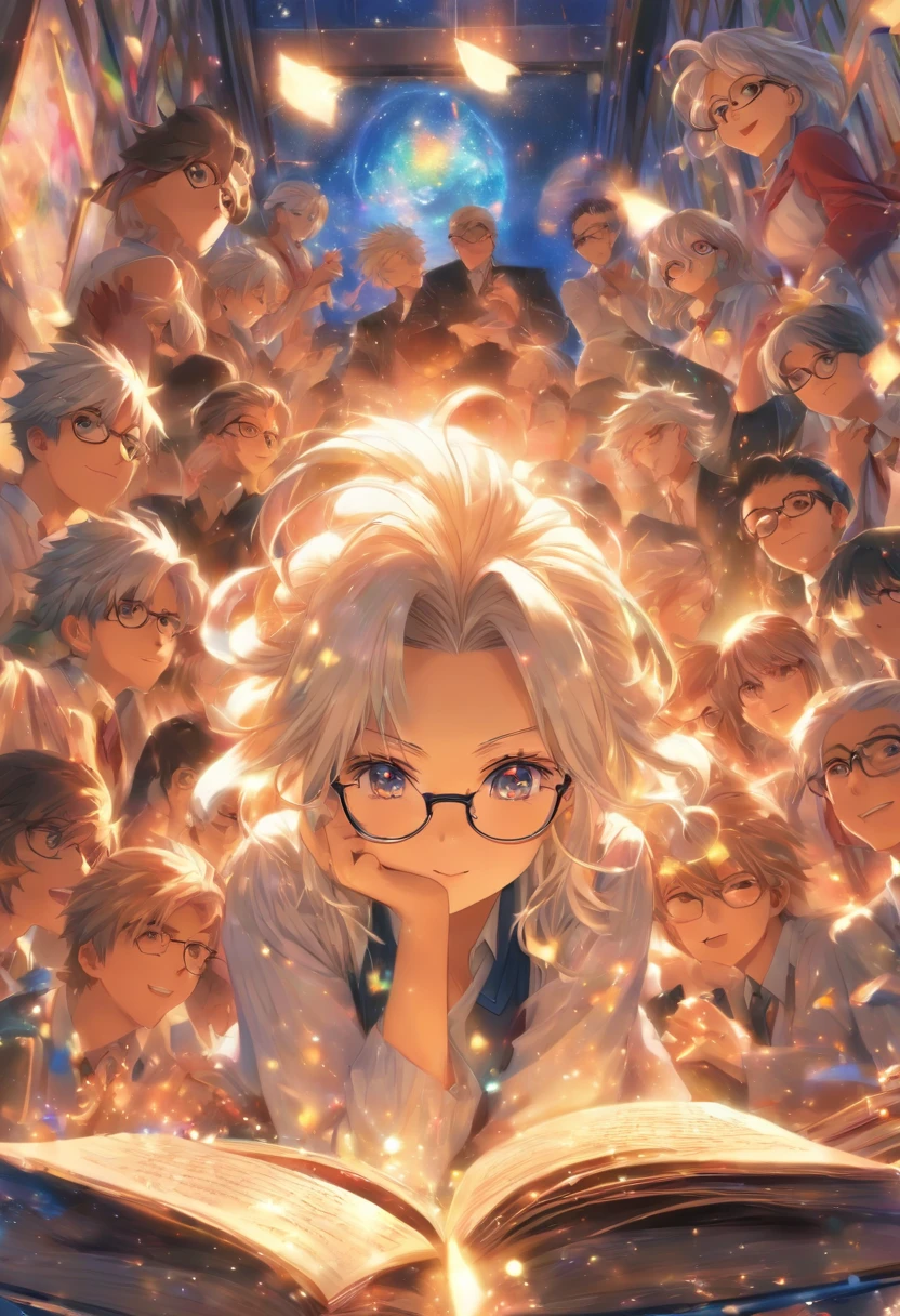 Quality first,masterpiece in detail,A teacher,sportrait,closeup cleavage,Wearing glasses,White hair,Several students wrote,looking at book,in class room,fresh flowers,Rich in color