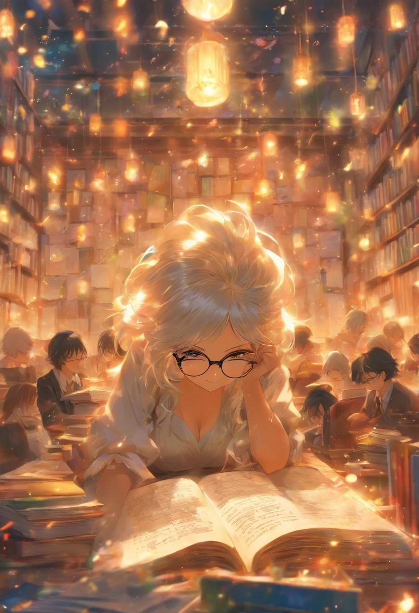 Quality first,masterpiece in detail,A teacher,sportrait,closeup cleavage,Wearing glasses,White hair,Several students wrote,looking at book,in class room,fresh flowers,Rich in color