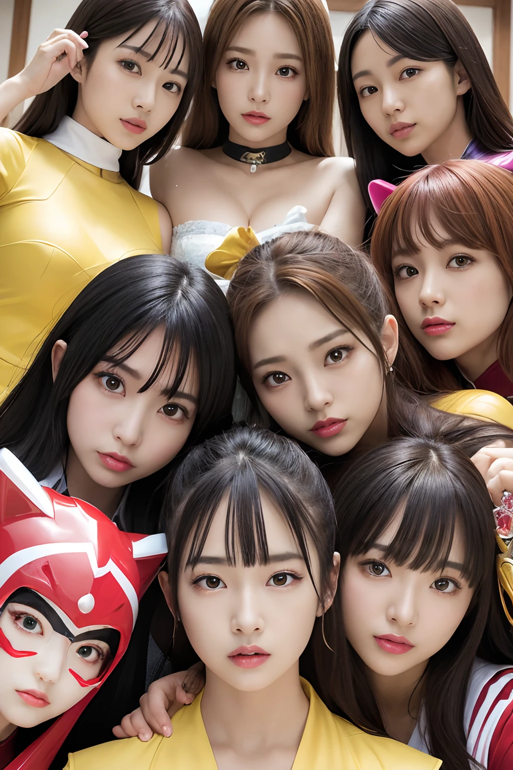 Outrageous resolution、hight resolution、(masterpiece:1.4)、ultra-detailliert、Crisp details、Dramatic and photorealistic pictorial art、Super Sentai Series、Megaranger、Hero Mask、(reddish、verdant、A black、amarelo、pink there、Fivesome)Righteous heroes、Decide on a transformation pose、