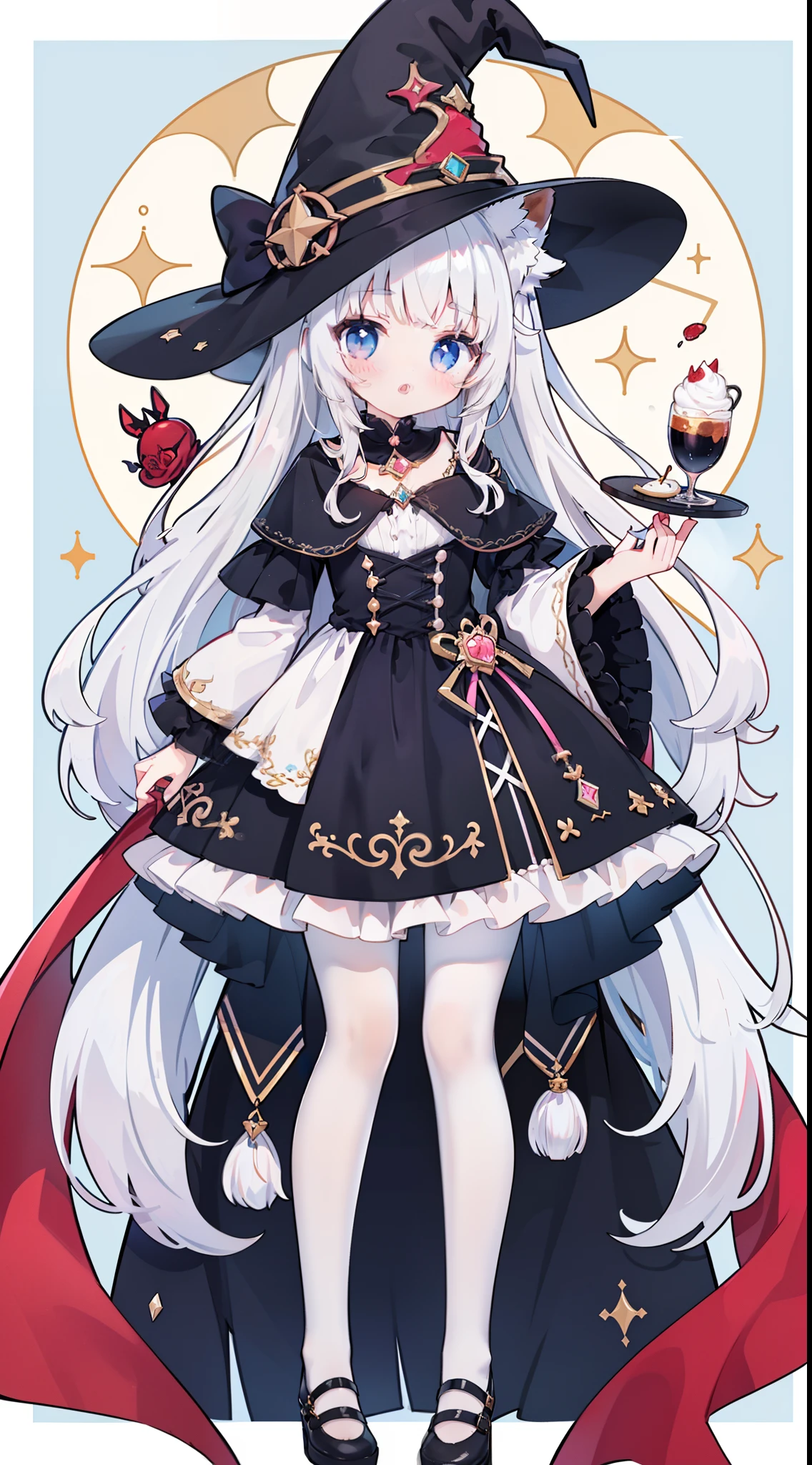 One Girl、（Light blue and pink 1:1）、cute little、Long、Wavy hair、​masterpiece、Top image quality、top-quality、witch outfit、witch's hat、A dark-haired、Very long hair，fox ears，white hair，(white pantyhose)