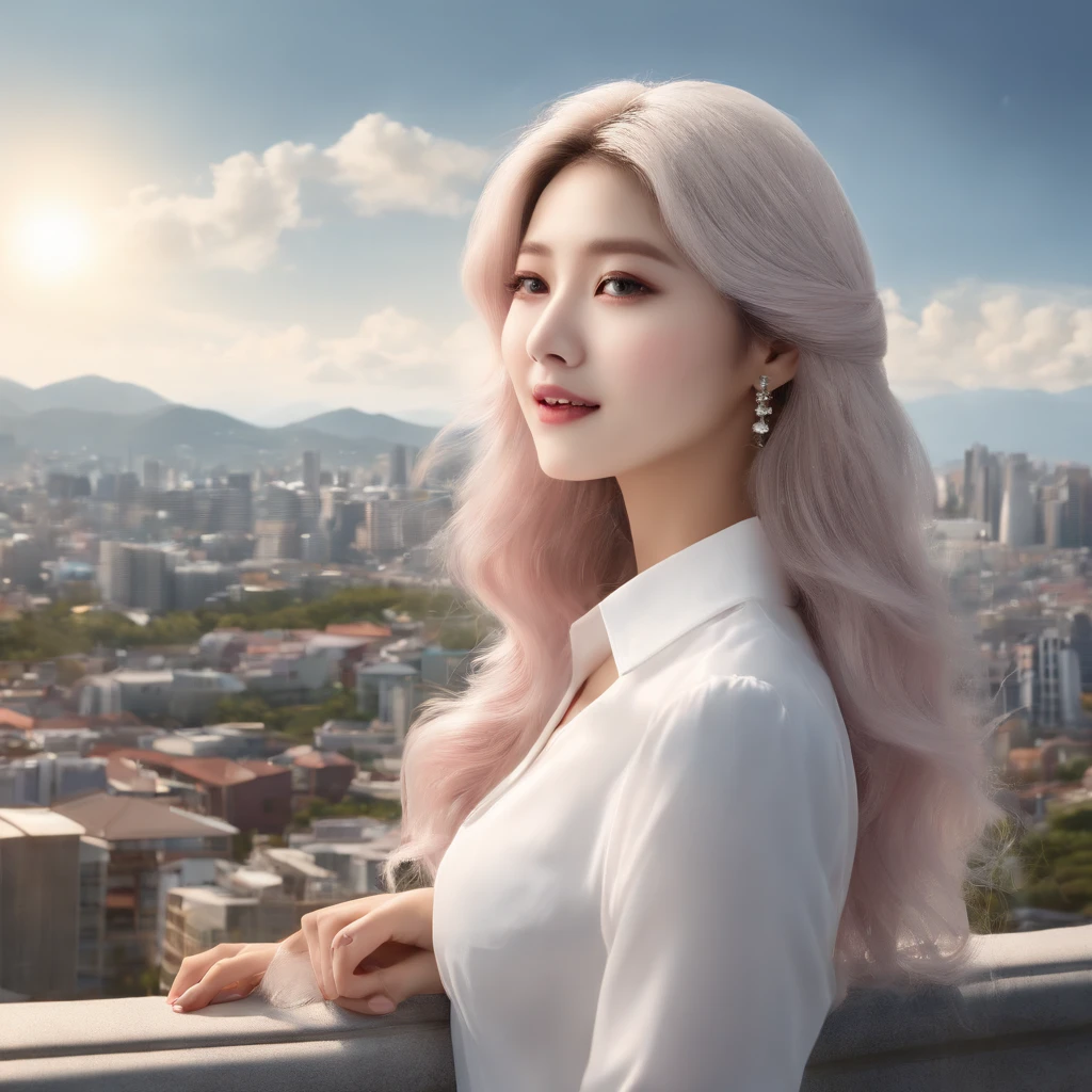 official art, masterpiece, sharp focus, (beautiful gorgeous cute korean woman:1.3), (beautiful cute korean woman:1.3), korean beauty, delicate and beautiful hair and eyes and face, realistic, super detailed, beauty girl, blue sky, glow white particles, (side light: 1.2), sunshine, white clouds, fine clouds, slender, pretty breasts and big buttocks, smile with teeth, ((laugh with eyes, open both eyes )), scenery, long straight hair, sexy look, buildings, (cityscape: 1.7), dynamic hair, long straight hair, detailed platinum pink hair, sparkling blue eyes, (blue pleated shirt + white skirt) , white long socks, white skin, hair ornaments, magnificent scenery,