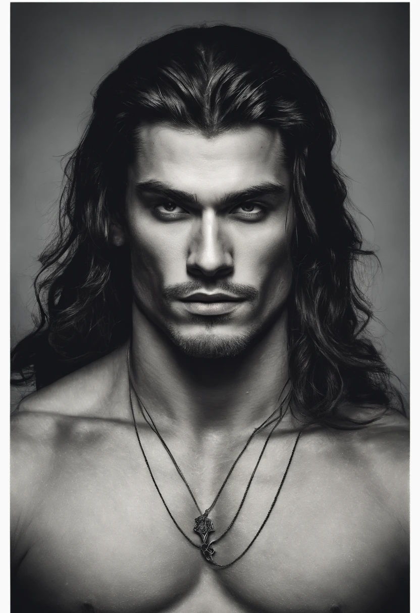 anime man with long dark hair and light-colored eyes. He’s a cult leader with tattoos and covered in bandages with a foggy dark background.