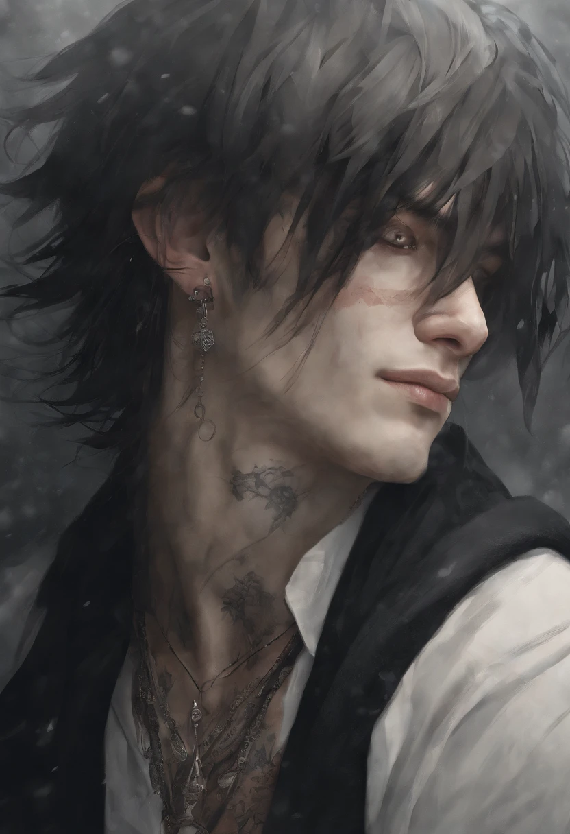 anime man with long dark hair and light-colored eyes. He’s a cult leader with tattoos and covered in bandages with a foggy dark background.