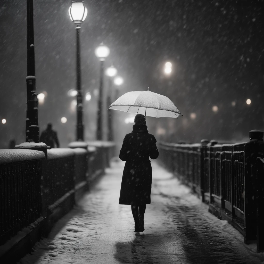 Winters，the night，nevando，Snow on the ground，pedestrian walkway，Holding an umbrella，White umbrella，Long white dress，shot from a far distance， --auto