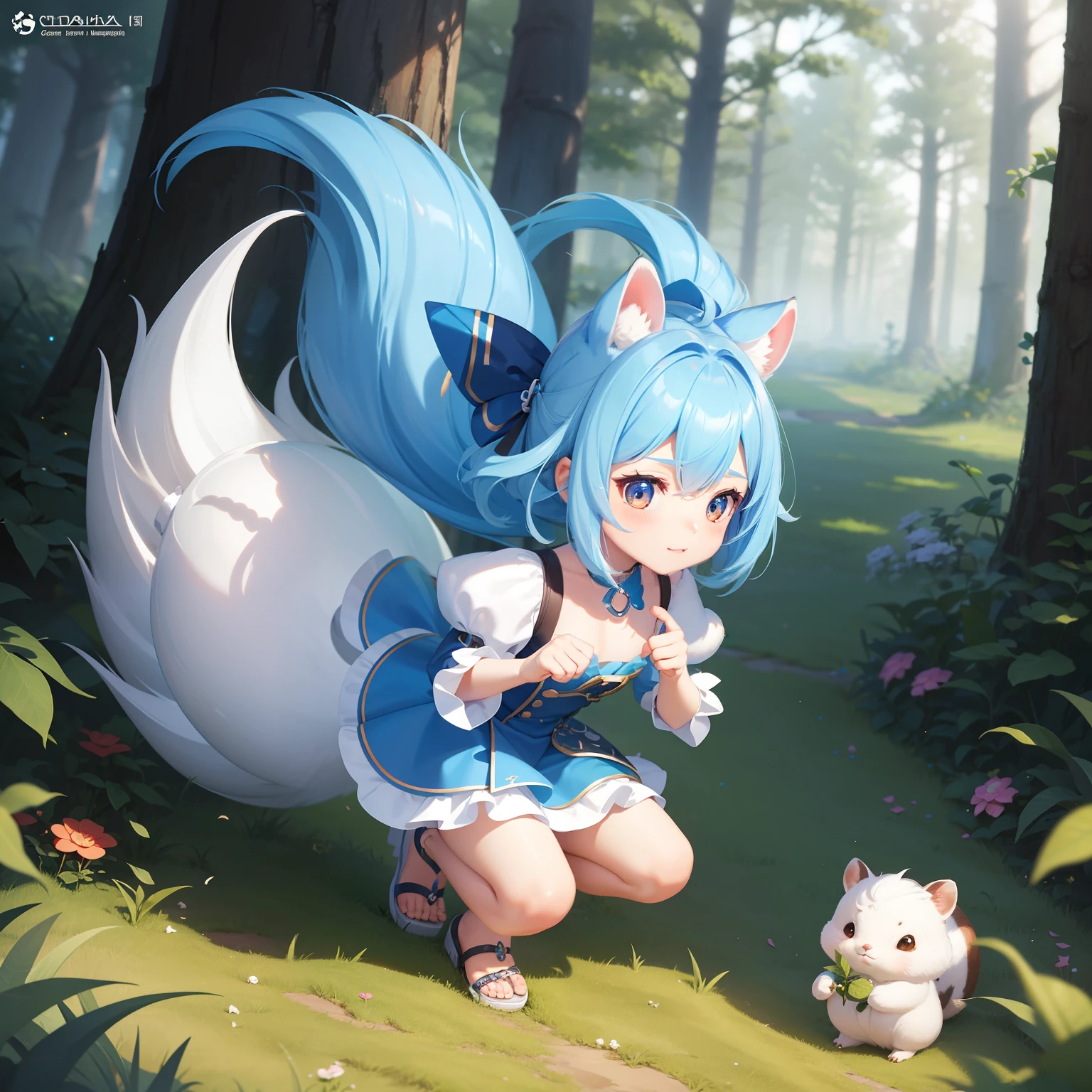 There is a small bear with an acorn in his hand, There are also white squirrels。There are also fawns。Chibichara A cute girl with blue hair is also with me。It is a cute white and blue costume。Dark eyes。cute forest creature, Adorable Digital Painting, cute detailed digital art, the squirrel king, Cute digital art, cute cartoon characters, cute character, CuteCreatures, Cutie, official illustrations, Official art, squirrel, maplestory mouse, astri lohne, cute 3d render