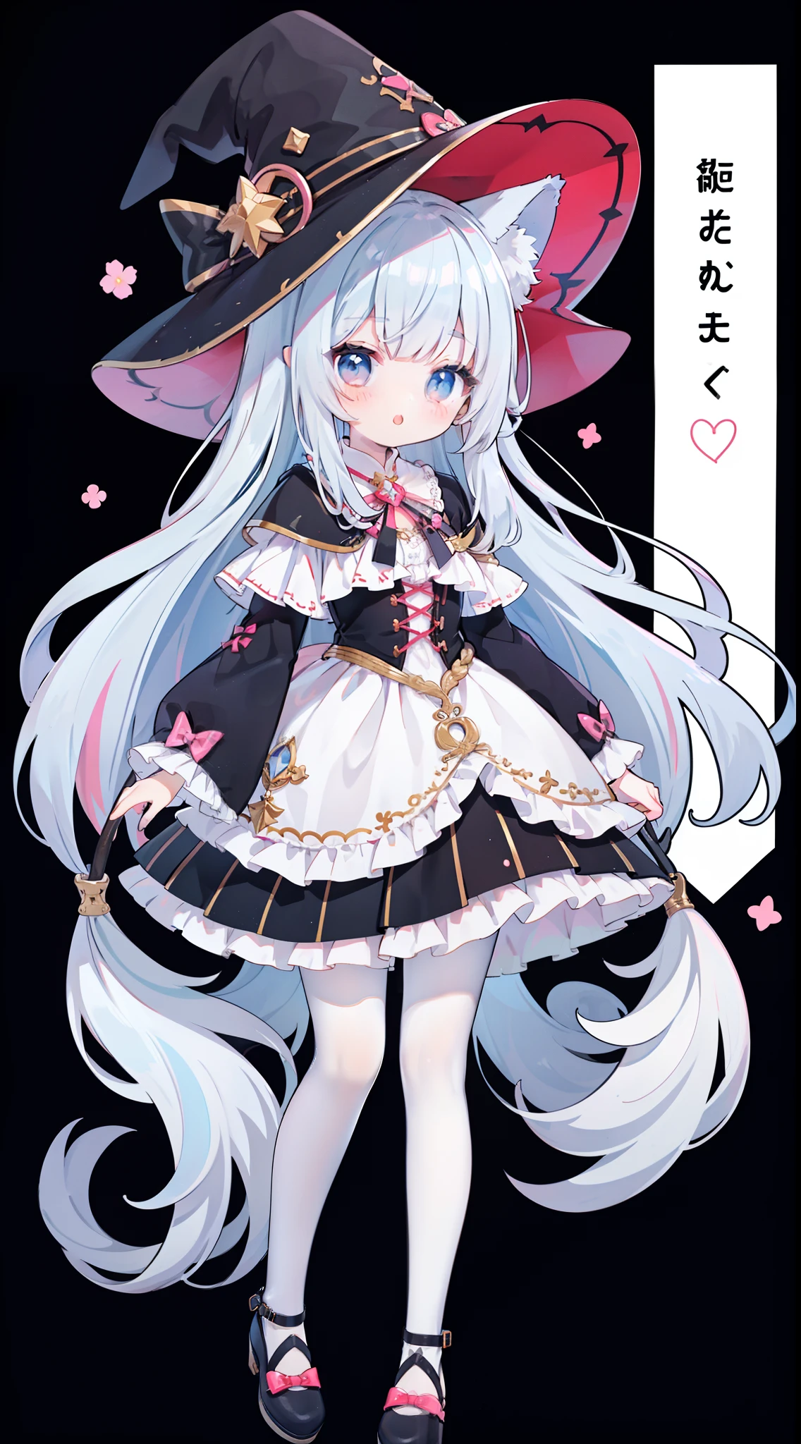 One Girl、（Light blue and pink 1:1）、cute little、Long、Wavy hair、​masterpiece、Top image quality、top-quality、witch outfit、witch's hat、A dark-haired、Very long hair，fox ears，white hair，(white pantyhose)