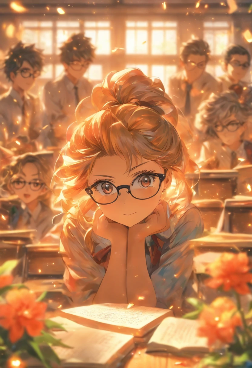 Quality first,masterpiece in detail,A teacher,sportrait,closeup cleavage,Wearing glasses,Several students wrote,looking at book,in class room,fresh flowers,Rich in color,Study seriously
