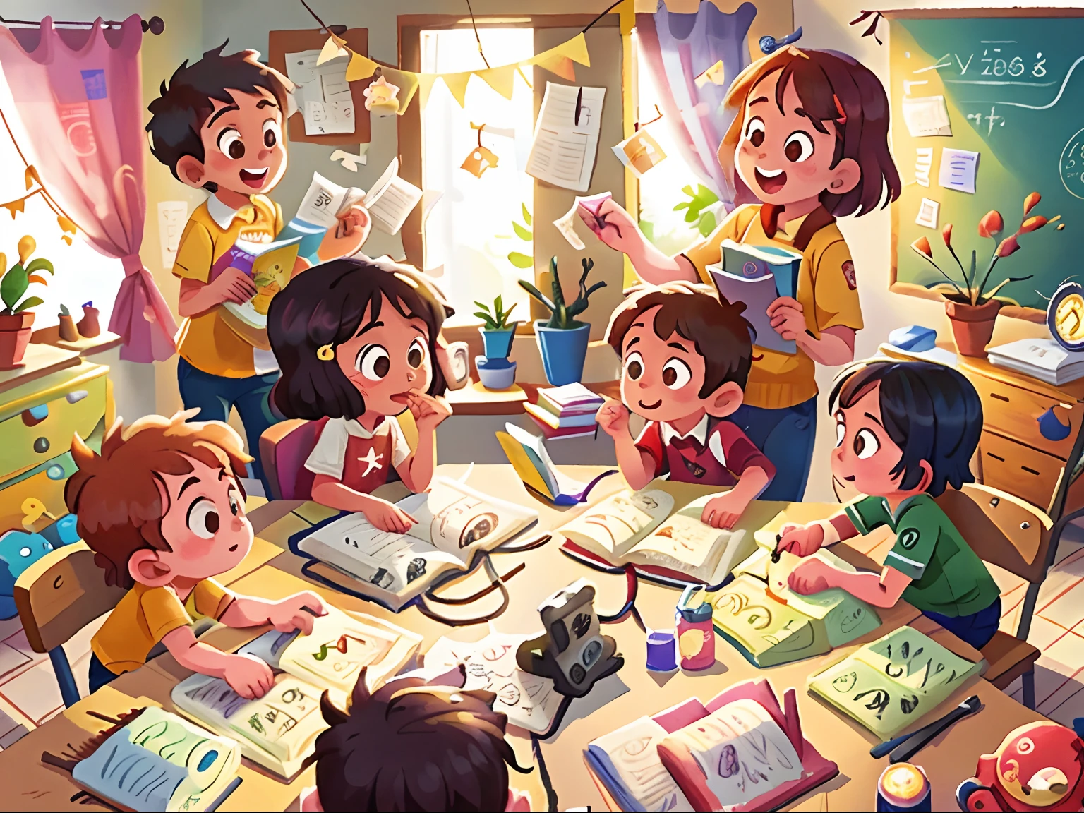 A teacher，3 students，Students aged 2-6，Play games together in the room，No tables and chairs