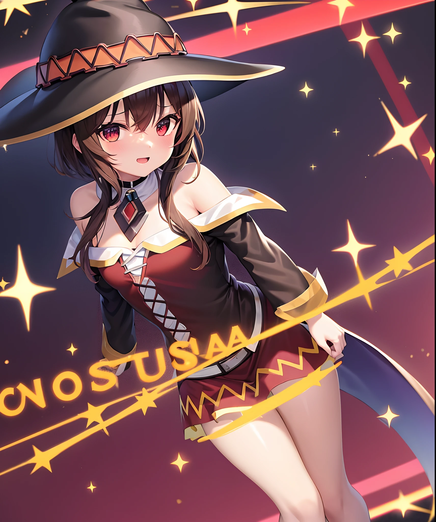 Cabelos curtos e castanhos、olhos vermelhos、Megumin、solo、animesco、Doress、fora dos ombros、uma minissaia、um sorriso, Magician Hat
