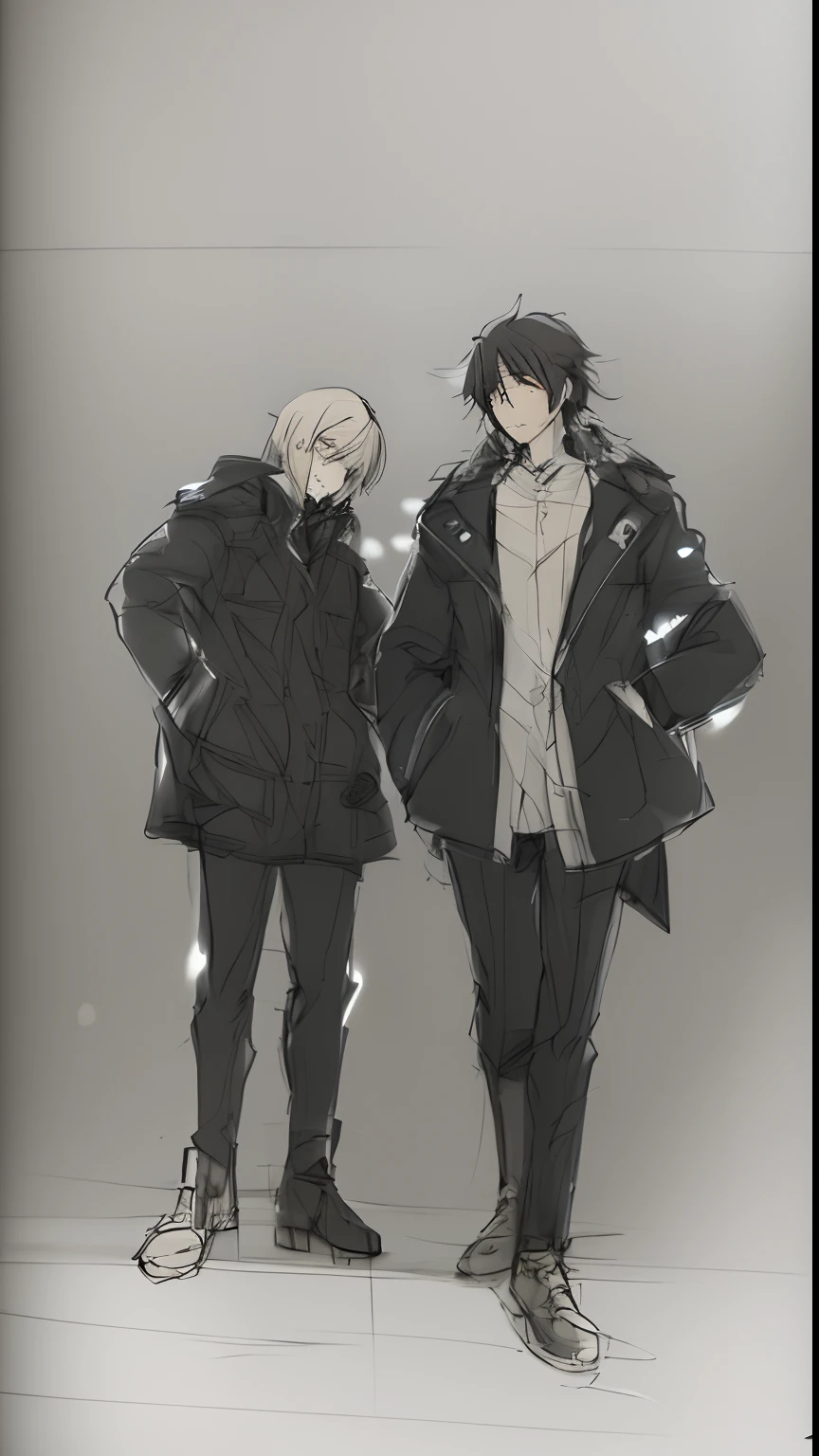 Sketch of two people standing next to each other, Color, by Naka Bokunen, by Kamisaka Sekka, moebius and makoto shinkai, anime sketch, by Rei Kamoi, ( ( wearing a long coat ) ), by Yuki Ogura,