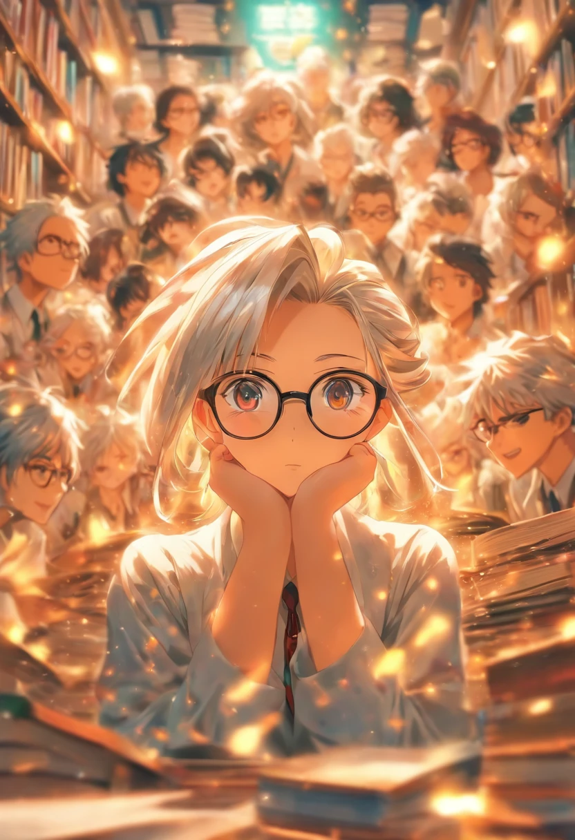 Quality first,masterpiece in detail,A teacher,sportrait,closeup cleavage,Wearing glasses,White hair,Several students wrote,looking at book,in class room,fresh flowers,Rich in color