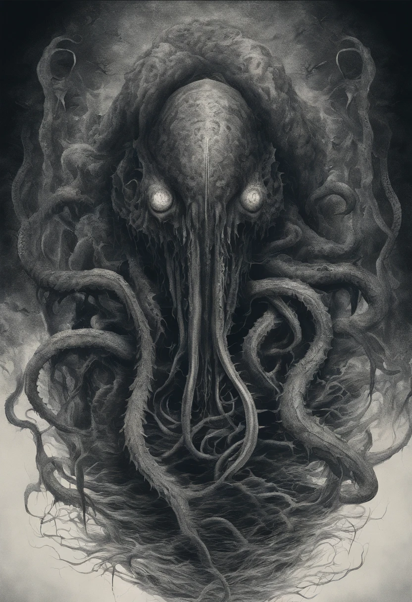 (extremadamente detallado, obra maestra, La mejor calidad), Estilo oscuro, intense illumination, rostro con arrugas, lengua larga, tentacle, deforme, monstruoso, interior de una piscina de agua verdosa, imagen submarina, alien con Colmillos finos, pico de pulpo amenazante. manchas de tinta. Rococo composition. Luz de caravaggio