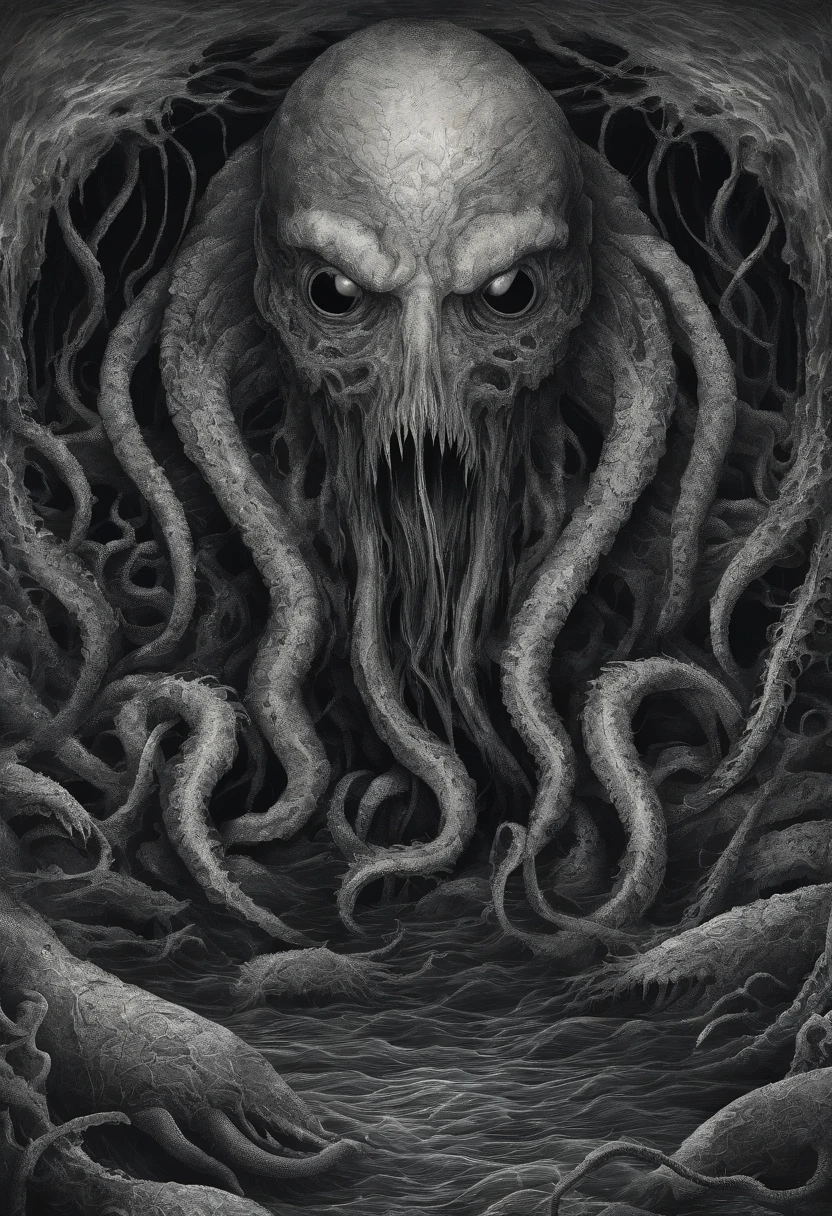 The abyss of the ocean, fear of the depths, lovecraftian, tentacles, eyes looking from the abyss