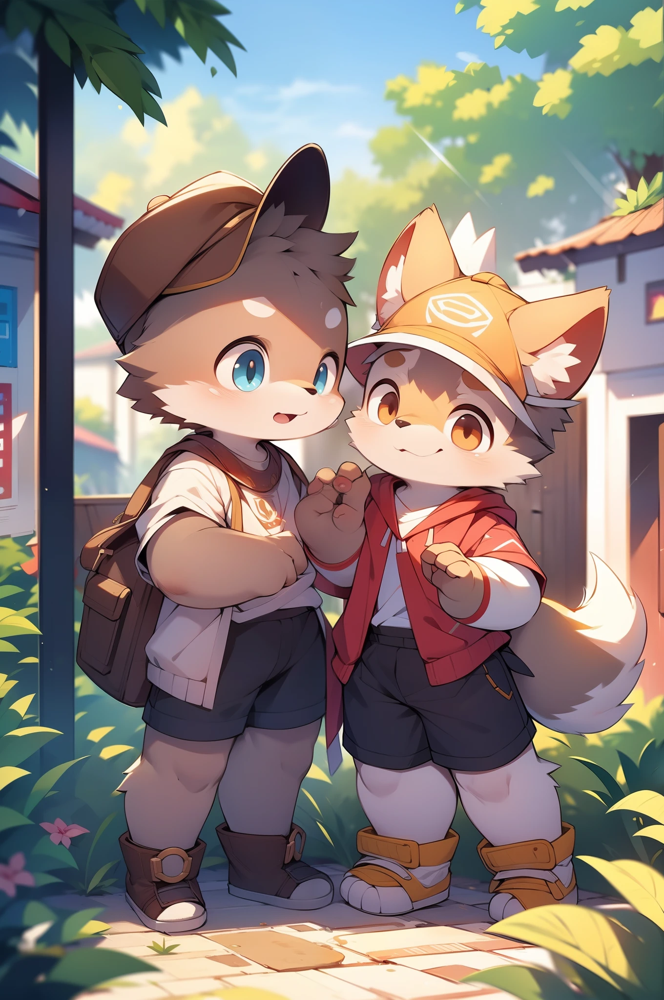 The streets of London at the beginning of the twentieth century,Cute little wolf,Libido boy,Slim figure,pale gray fur,Bright morning sun,Brown newsboy hat,white short blouse,brown shorts,Sell moe,Bright and smart eyes(A masterpiece)(high qulity)(Clear structure)(Clear lines)(Background of extreme detail)(extremelydetailedcharacter)