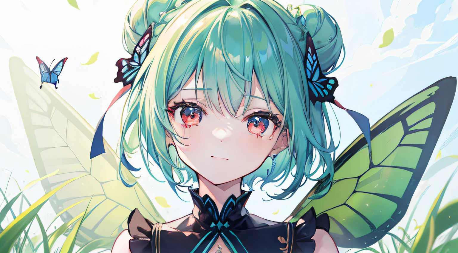 {Moist feather(hololive}}, 1girl, short hair, double bun, {emeraldgreen hair}, {{Red eyes}}、​masterpiece、top-quality、{dynamic angle}, {flat chest}, {小柄}、{With a cheek cane}、A slight smil、Dark blue dress、Blue winged butterfly、watching at viewers、face focus, grass field、