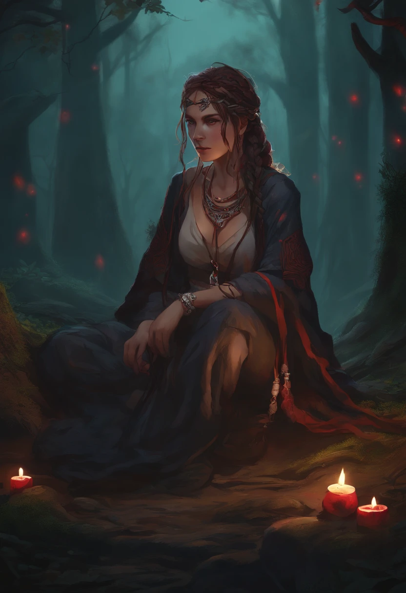 Anime girl, celtic, young adult, braided hair, shaman, feral, covered in blood, crouched, bone jewellery, thretaning, midnight, forest background