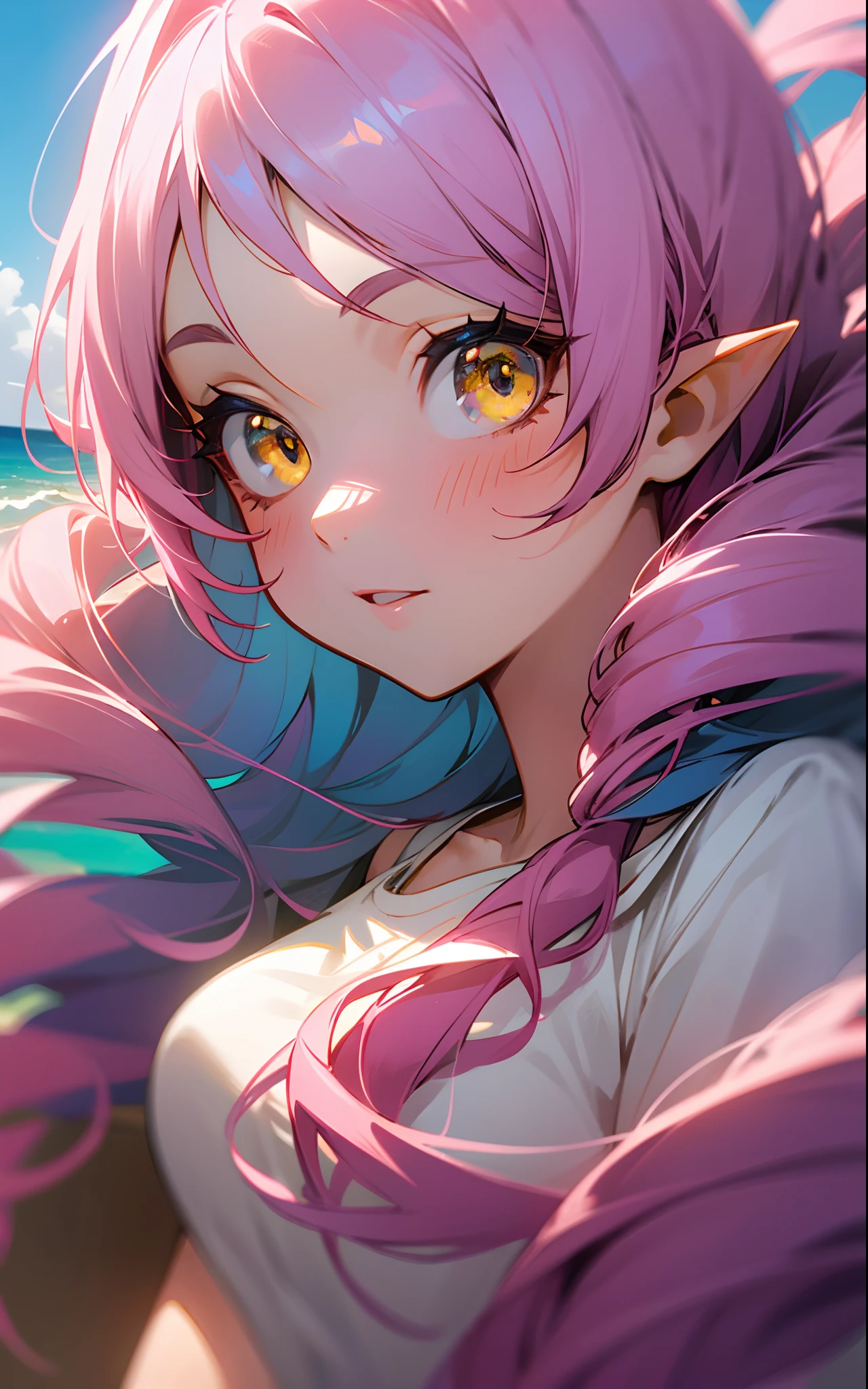 16 year old girl、long-haired pink color, twin drills, Yellow eyes, pointy ear, white t-shirts、white short pants, Illustrations, Ultra-detailed, Vibrant colors, landscape of a beach, Soft lighting, summer feel