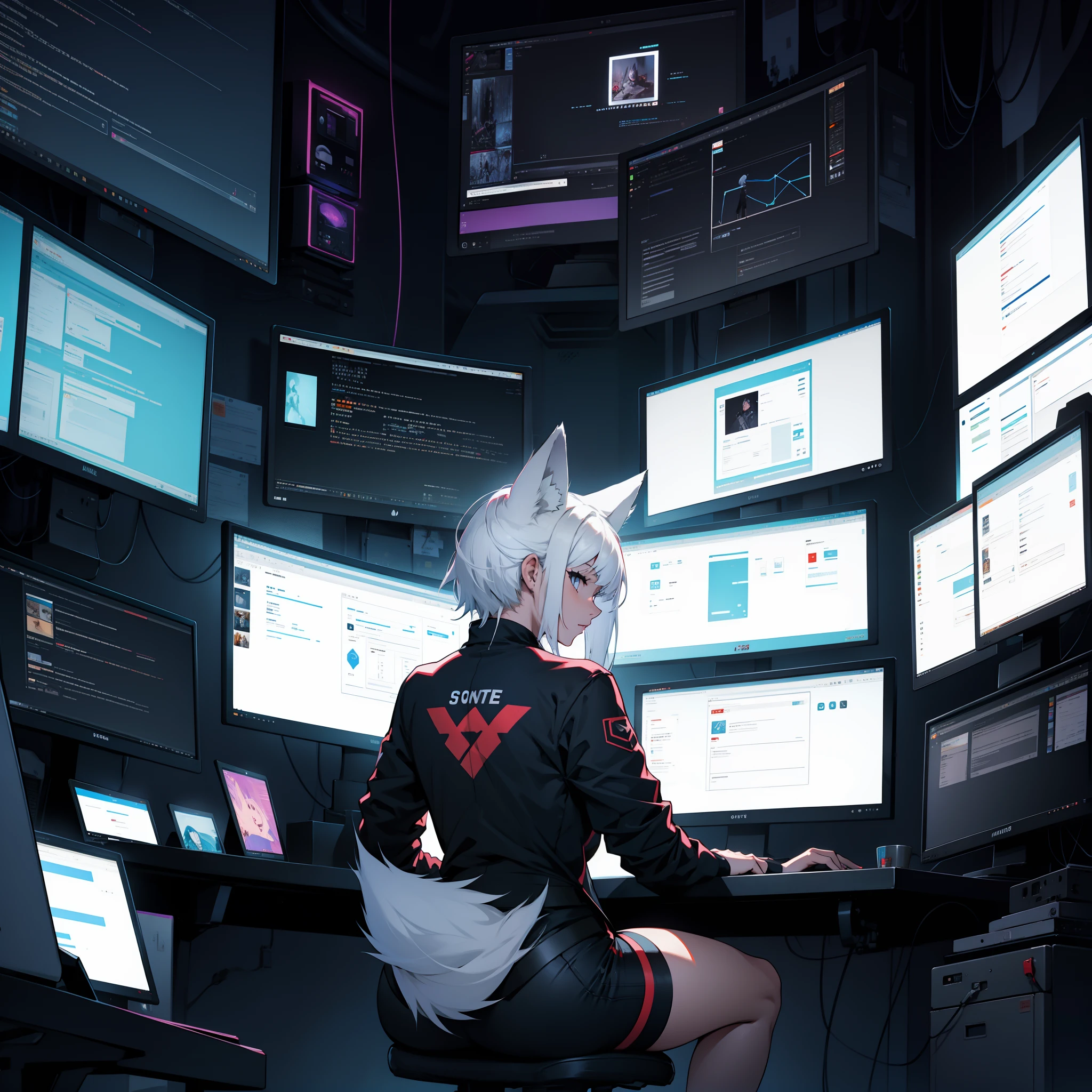 hacker,backs,1girl in,coyote,white  hair,illustratio,Multiple monitors