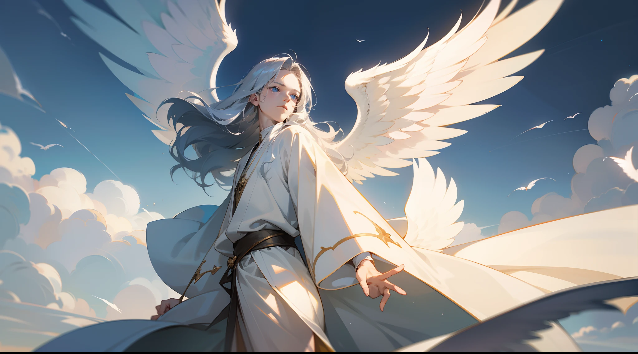 Vividly drawn illustration of a (((young man with long white hair and gray eyes))), topless, with flowing hair and wings resembling a ((white bird)) sitting lost in the middle of a blizzard