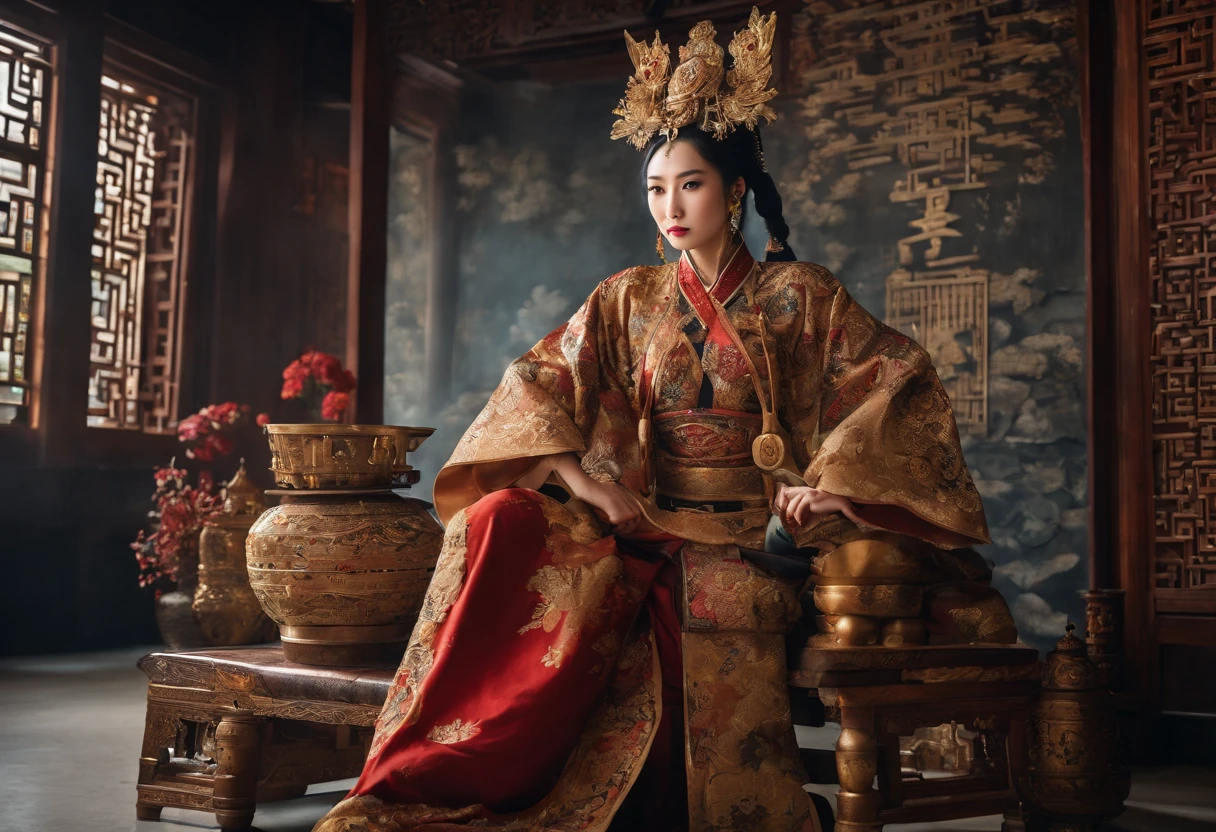 Fengshen Bang,tmasterpiece,ultra fine photos,,best qualtiy,超高分辨率,Photoreality,Chiaroscuro,(full-body portraits),stunningly beautiful,dynamicposes,delicated face,Bigchest,Murderous eyes,(seen from the side),She wears gold ancient Chinese armor,very highly detailed background,detailed face with,Detailed and complex busy background,untidy,opulent,milkyW,Highly detailed skin,Realistic details of skin,Visible Pore,tack sharp focus,volume fog,8k uhd,digital SLR camera,high qulity,filmgrain,White skin of the,photo-realism,lomography,The palace of the Yin Shang King in ancient China , look from down, semi transparent, gigantic breasts, showing cleavage, full body shot camera angle, lotus tattoo on forehead, sexy body: 1.4, Slim abdomen: 1.2, sitting on chair with legs up, gigantic deep cleavage, open shirt, opens her legs in an M shape,