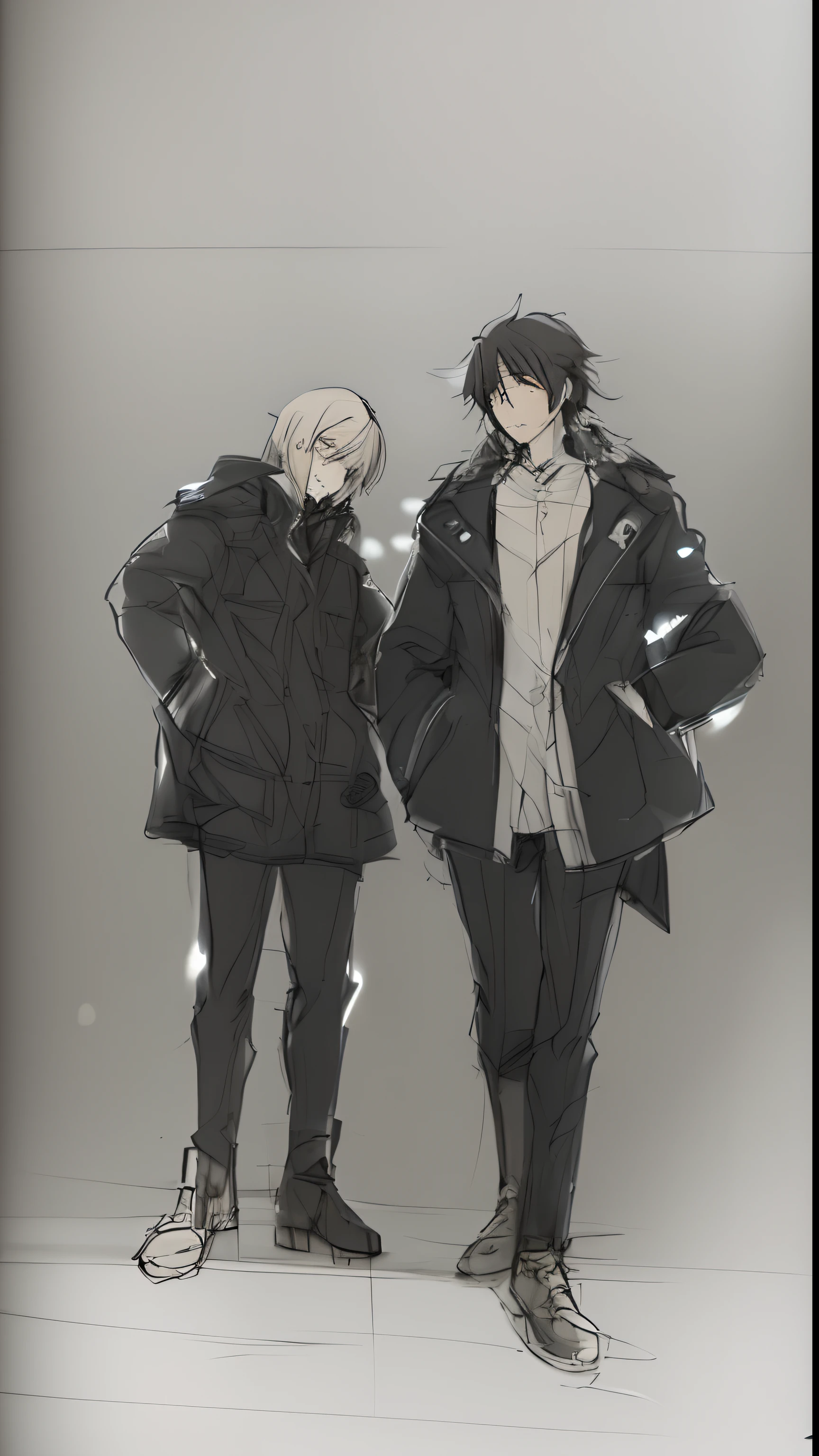 Sketch of two people standing next to each other, Color, by Naka Bokunen, by Kamisaka Sekka, moebius and makoto shinkai, anime sketch, by Rei Kamoi, ( ( wearing a long coat ) ), by Yuki Ogura,