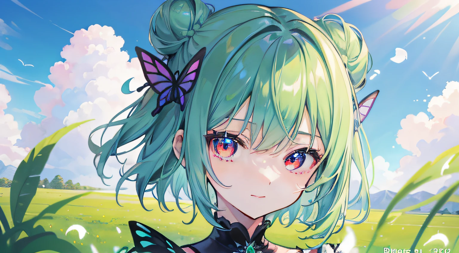 {Moist feather(ho****ve}}, 1girl, short hair, double bun, {emeraldgreen hair}, {{Red eyes}}、​masterpiece、top-quality、{dynamic angle}, {flat chest}, {小柄}、{With a cheek cane}、A slight smil、Dark blue dress、Blue winged butterfly、watching at viewers、face focus, grass field、